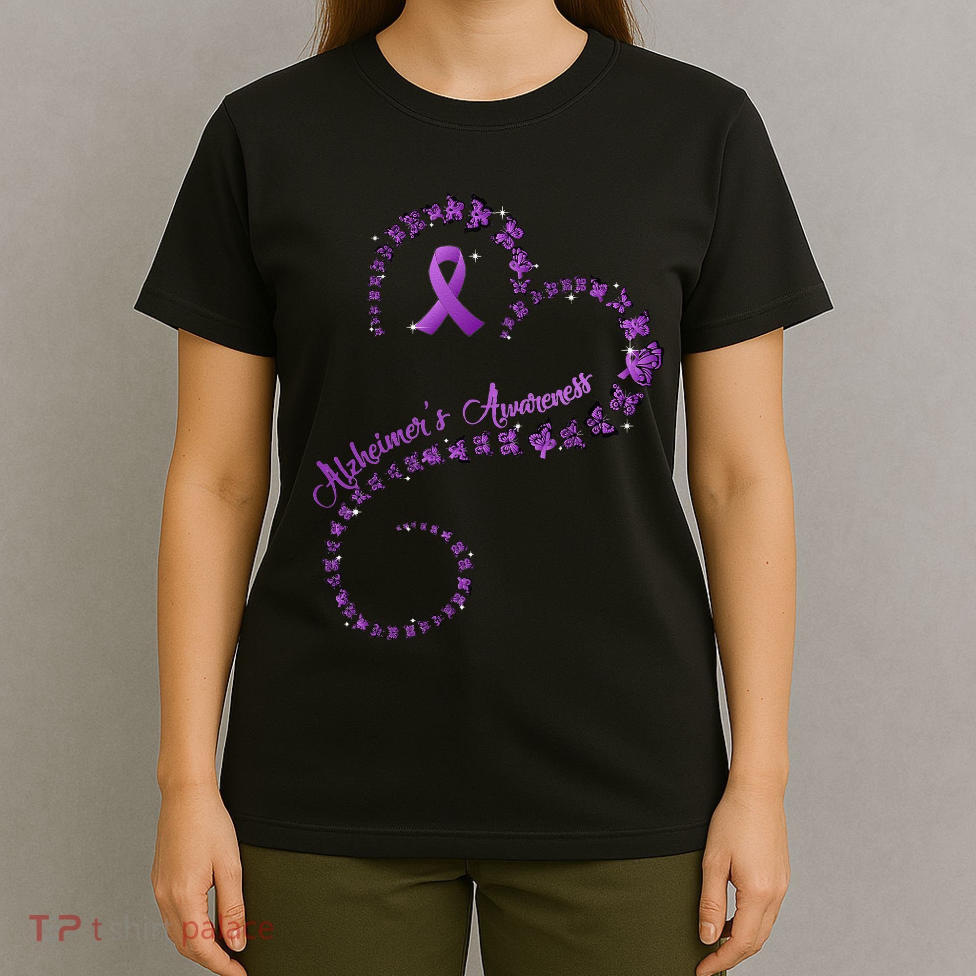Purple Ribbon Butterfly Heart Alzheimers Awareness T-Shirt