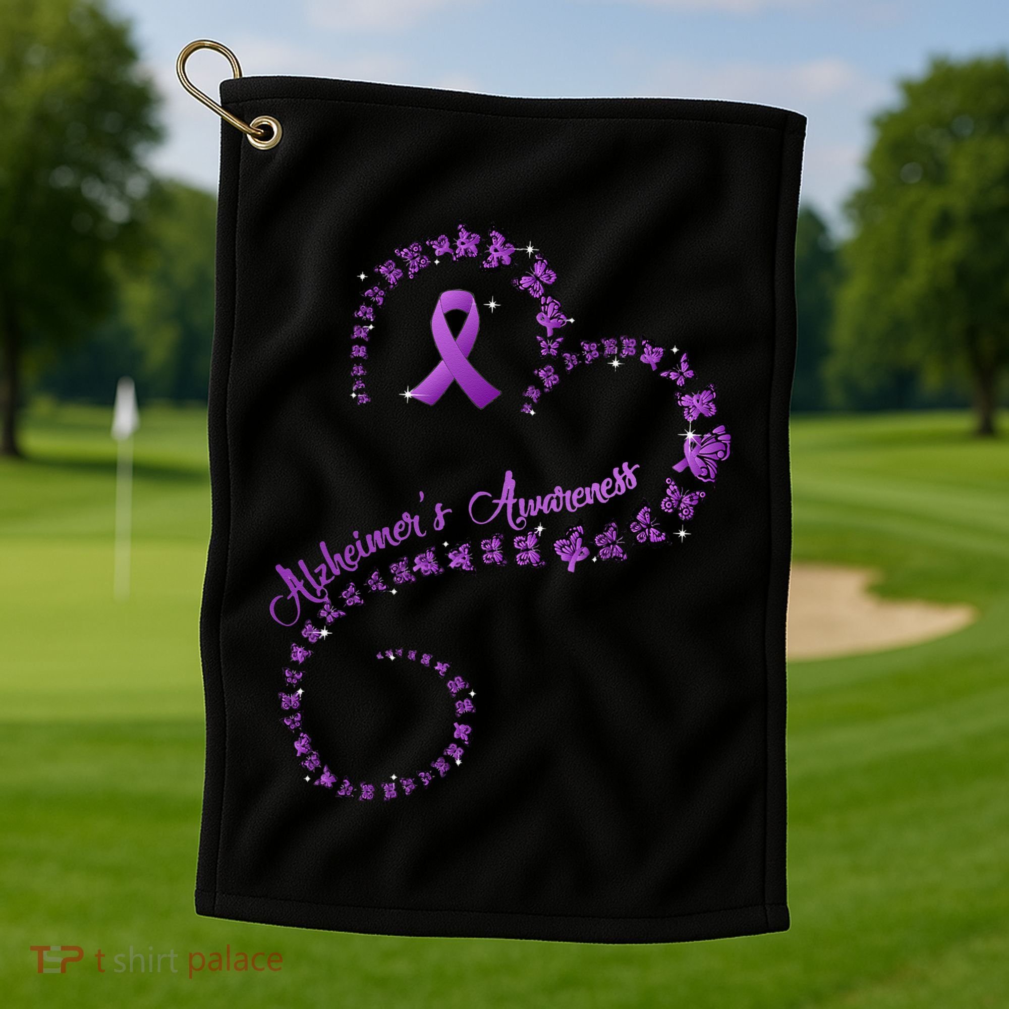 Purple Ribbon Butterfly Heart Alzheimers Awareness Golf Towel