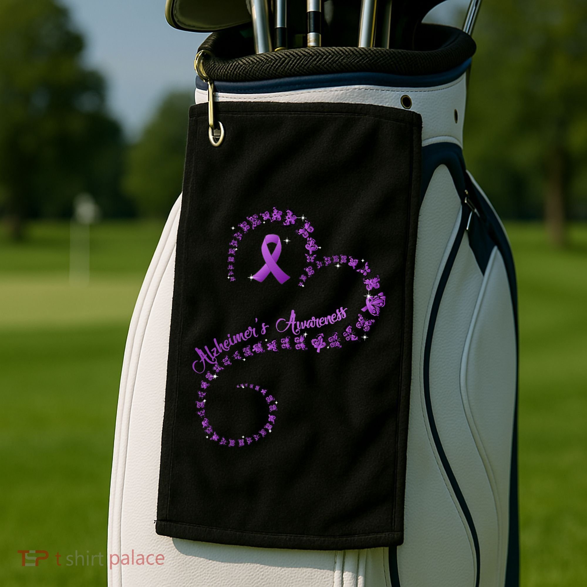 Purple Ribbon Butterfly Heart Alzheimers Awareness Golf Towel