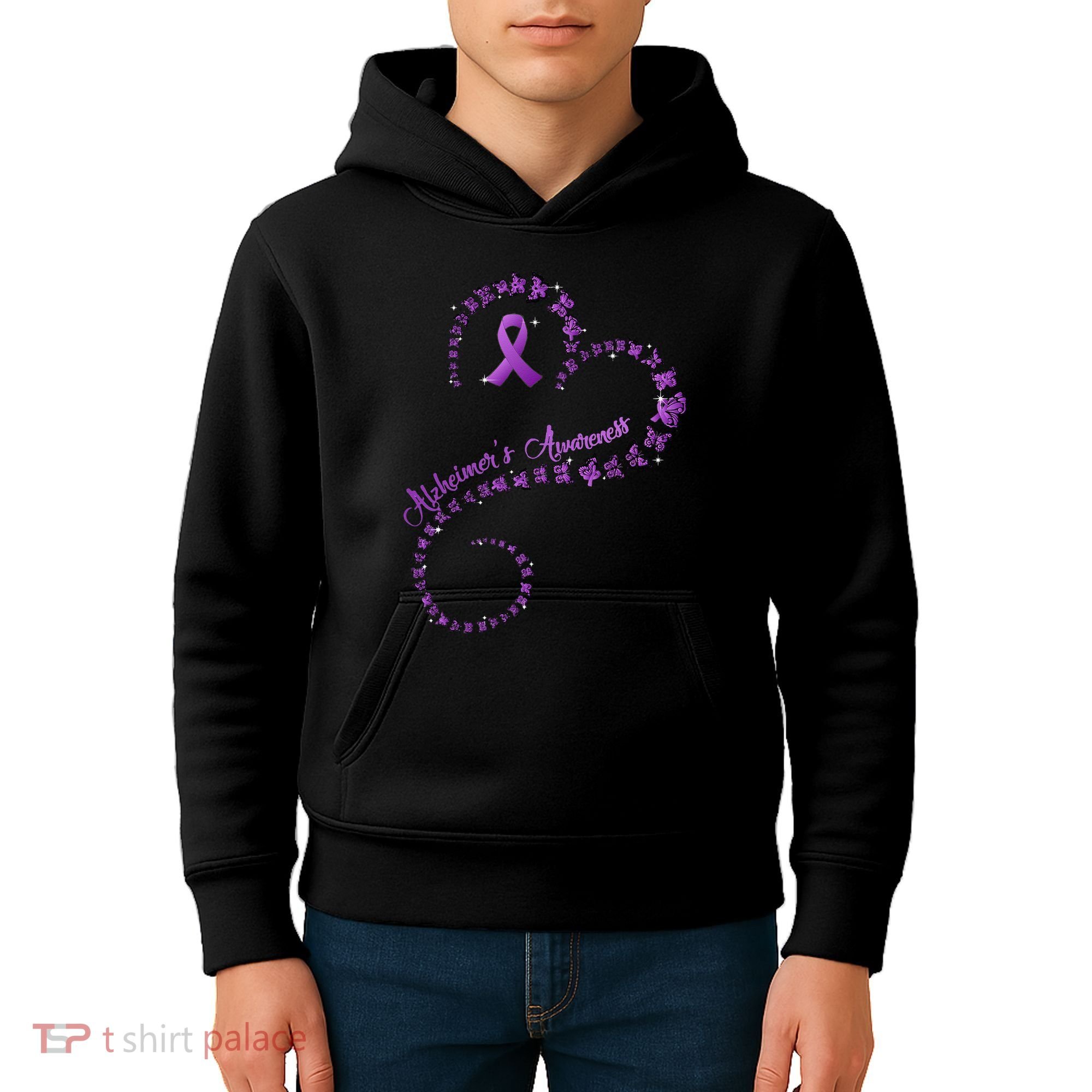 Purple Ribbon Butterfly Heart Alzheimers Awareness Kids Hoodie