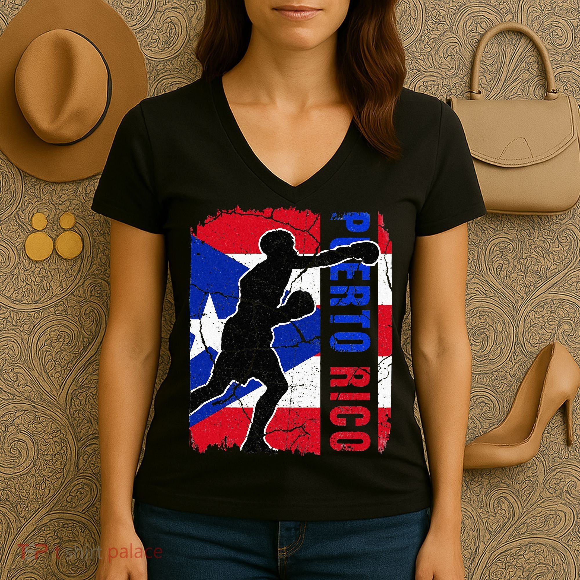 Puerto Rican Boxing Team Puerto Rico Flag Boxing Gloves Women's V-Neck T-Shirt