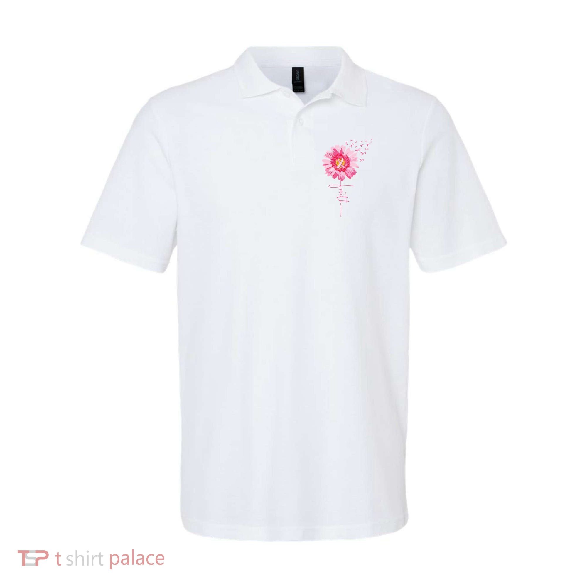 Pink Ribbon Daisy Faith Breast Cancer Awareness Month Gift Polo