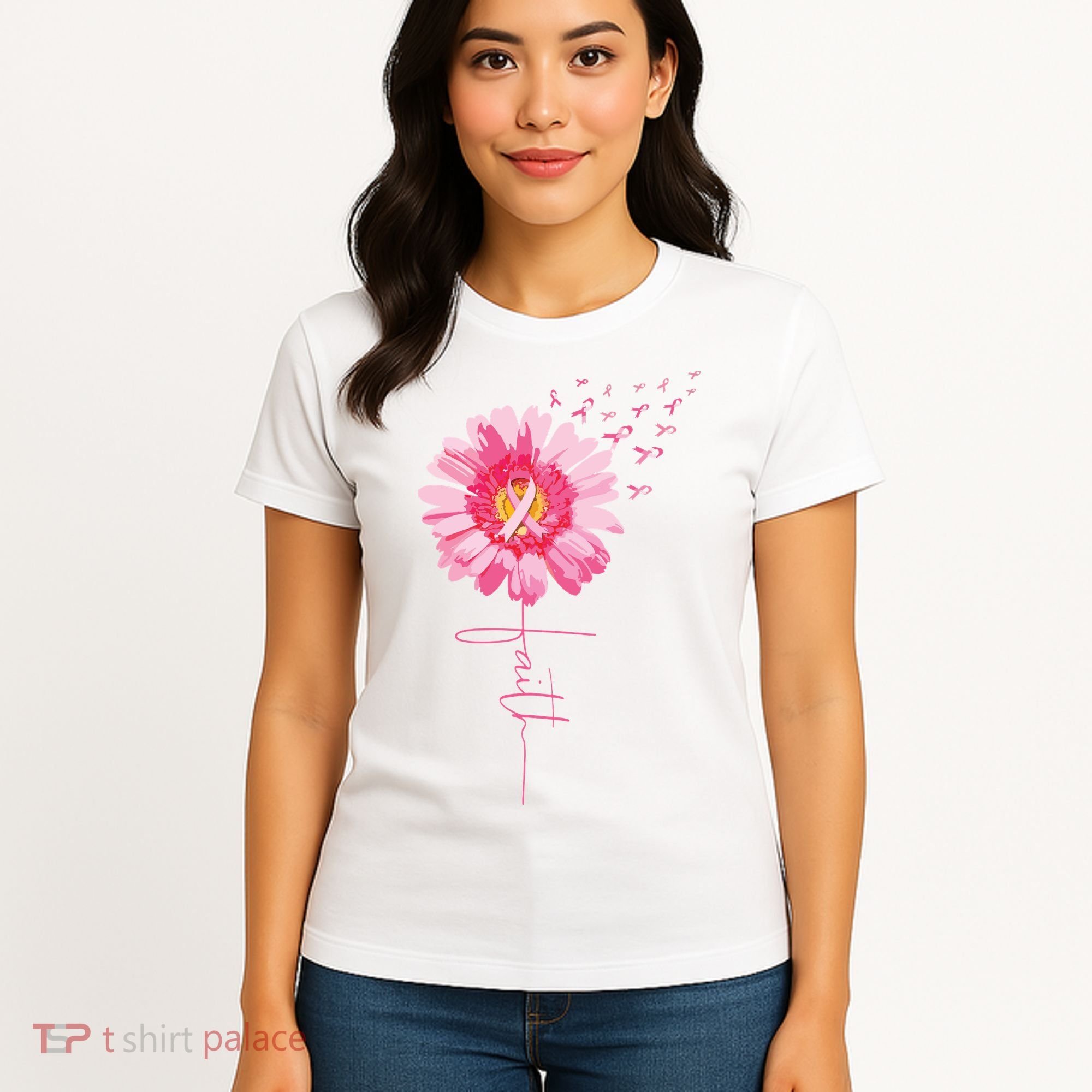 Pink Ribbon Daisy Faith Breast Cancer Awareness Month Gift Women's T-Shirt