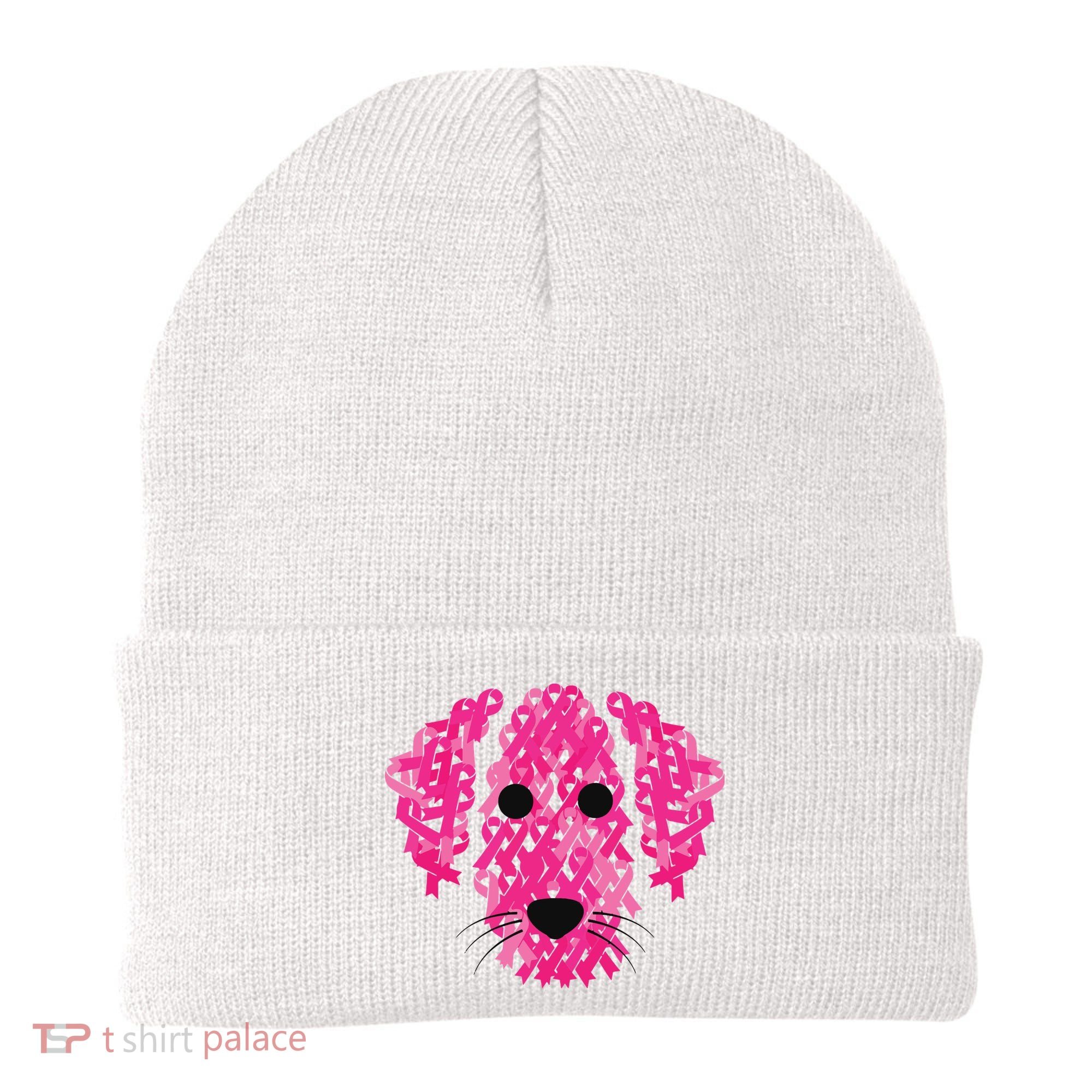Pink Ribbon Dog Inspirational Breast Cancer Awareness Gift Beanie