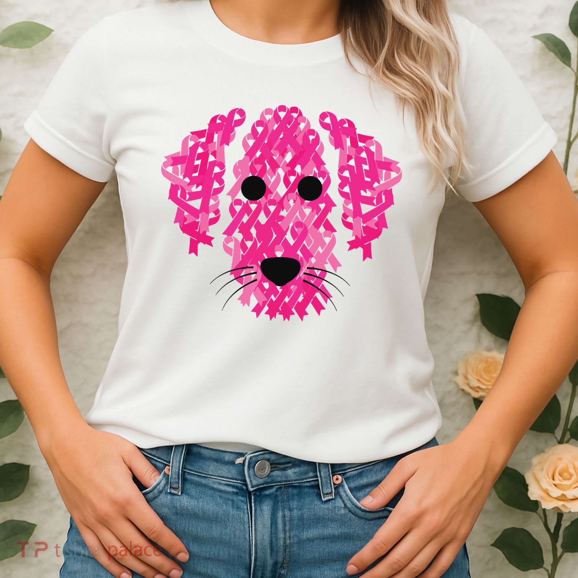 Pink Ribbon Dog Inspirational Breast Cancer Awareness Gift Women's T-Shirt