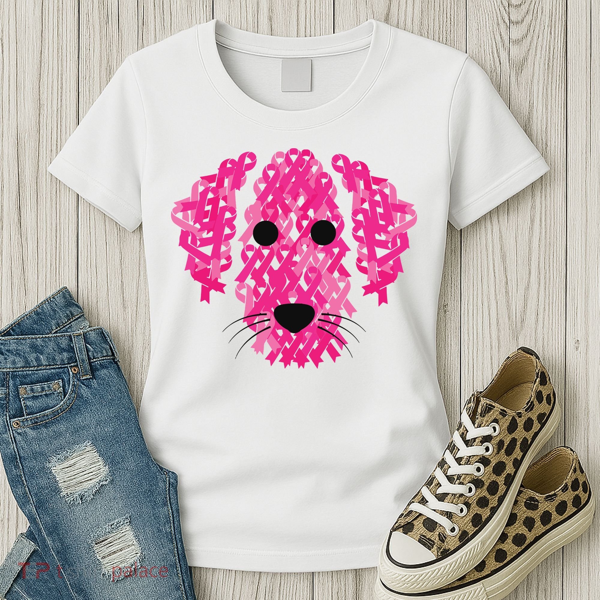 Pink Ribbon Dog Inspirational Breast Cancer Awareness Gift Women's T-Shirt