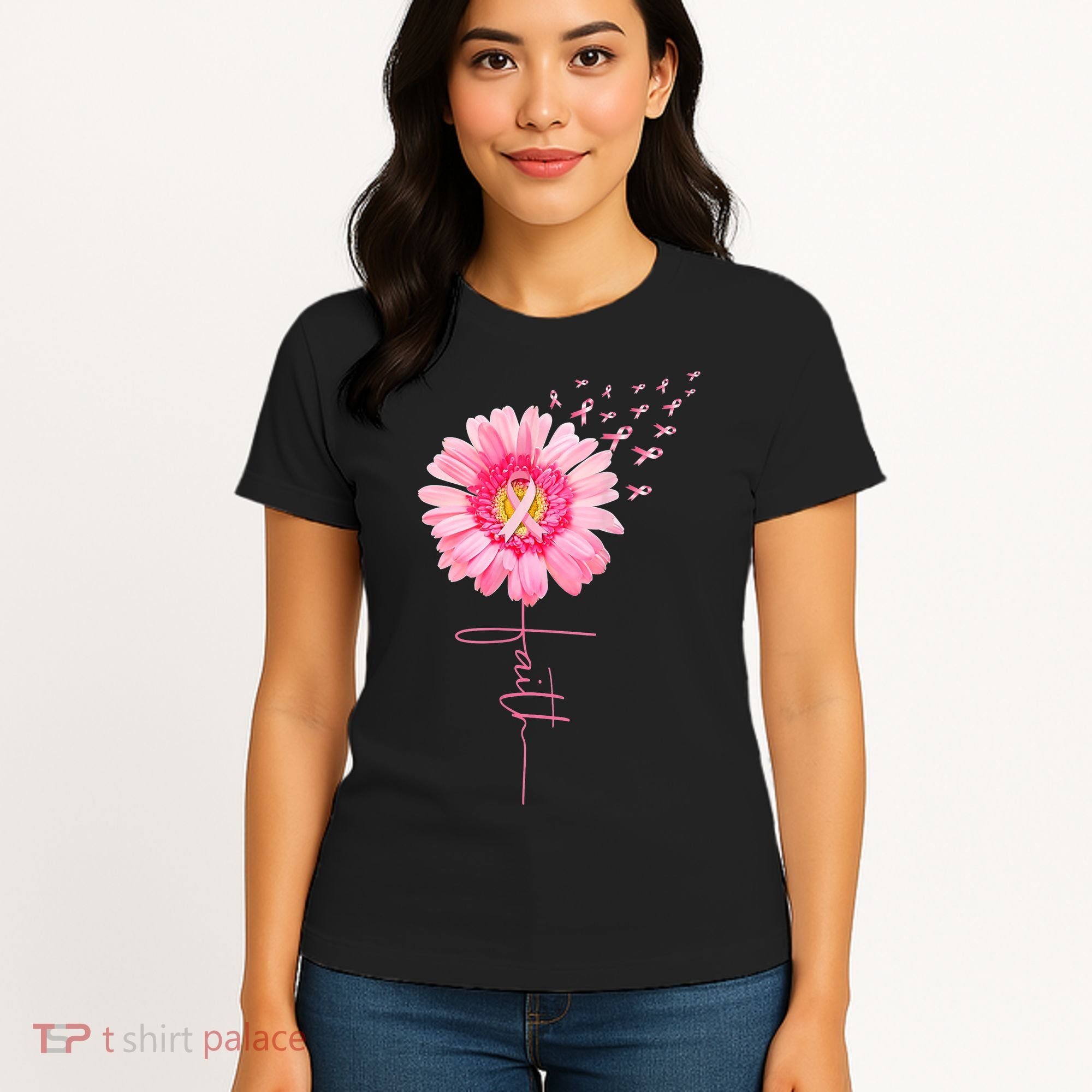 Pink Ribbon Daisy Faith Breast Cancer Awareness Month Gift Women's T-Shirt