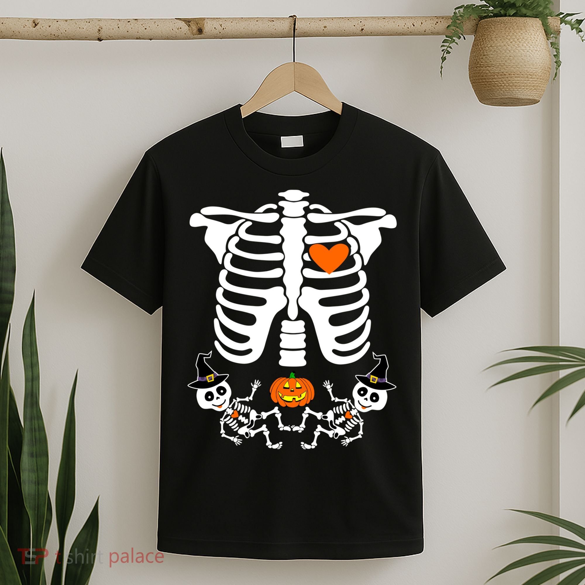 Pregnant Halloween Skeleton Baby Twins Witch Pumpkin Costume T-Shirt