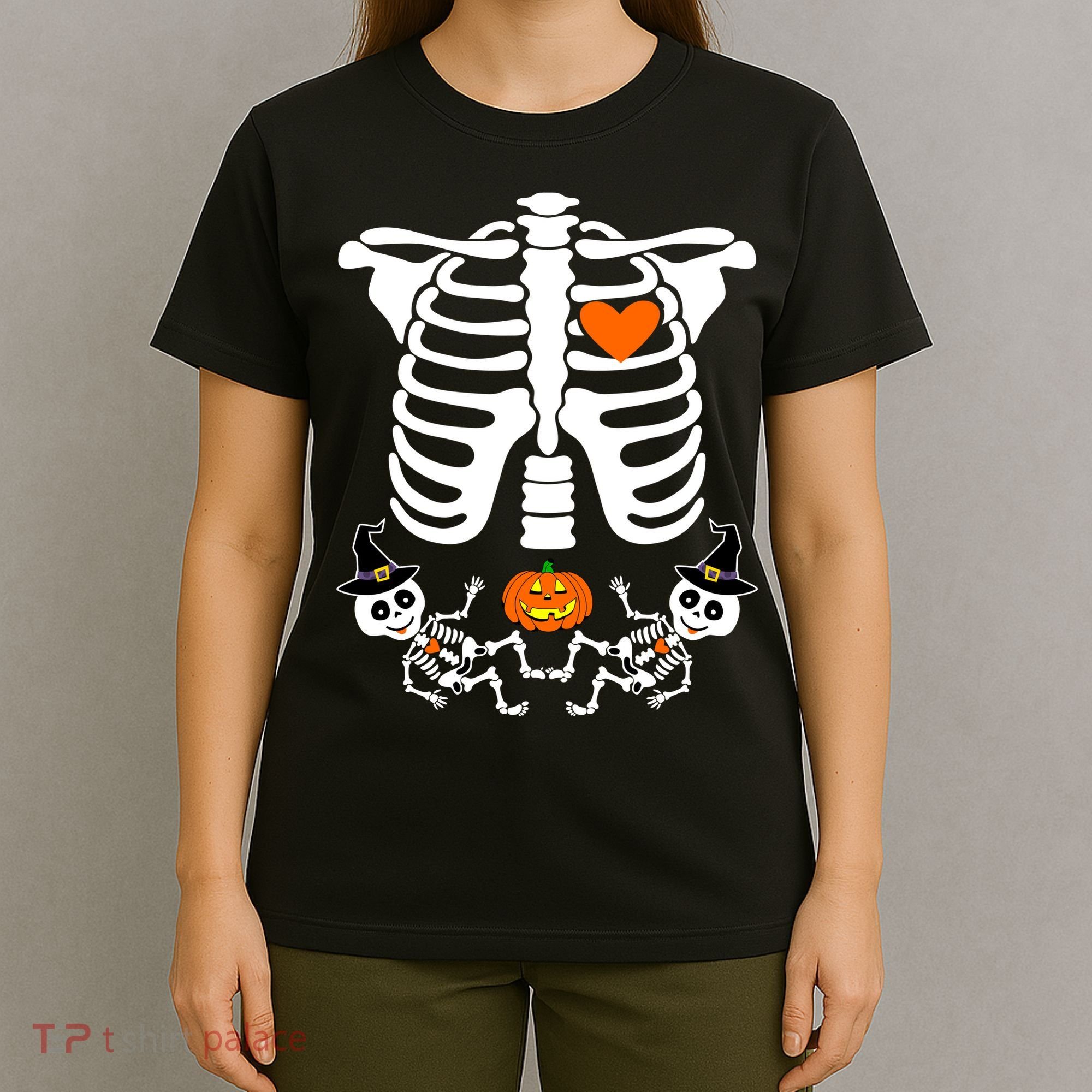 Pregnant Halloween Skeleton Baby Twins Witch Pumpkin Costume T-Shirt