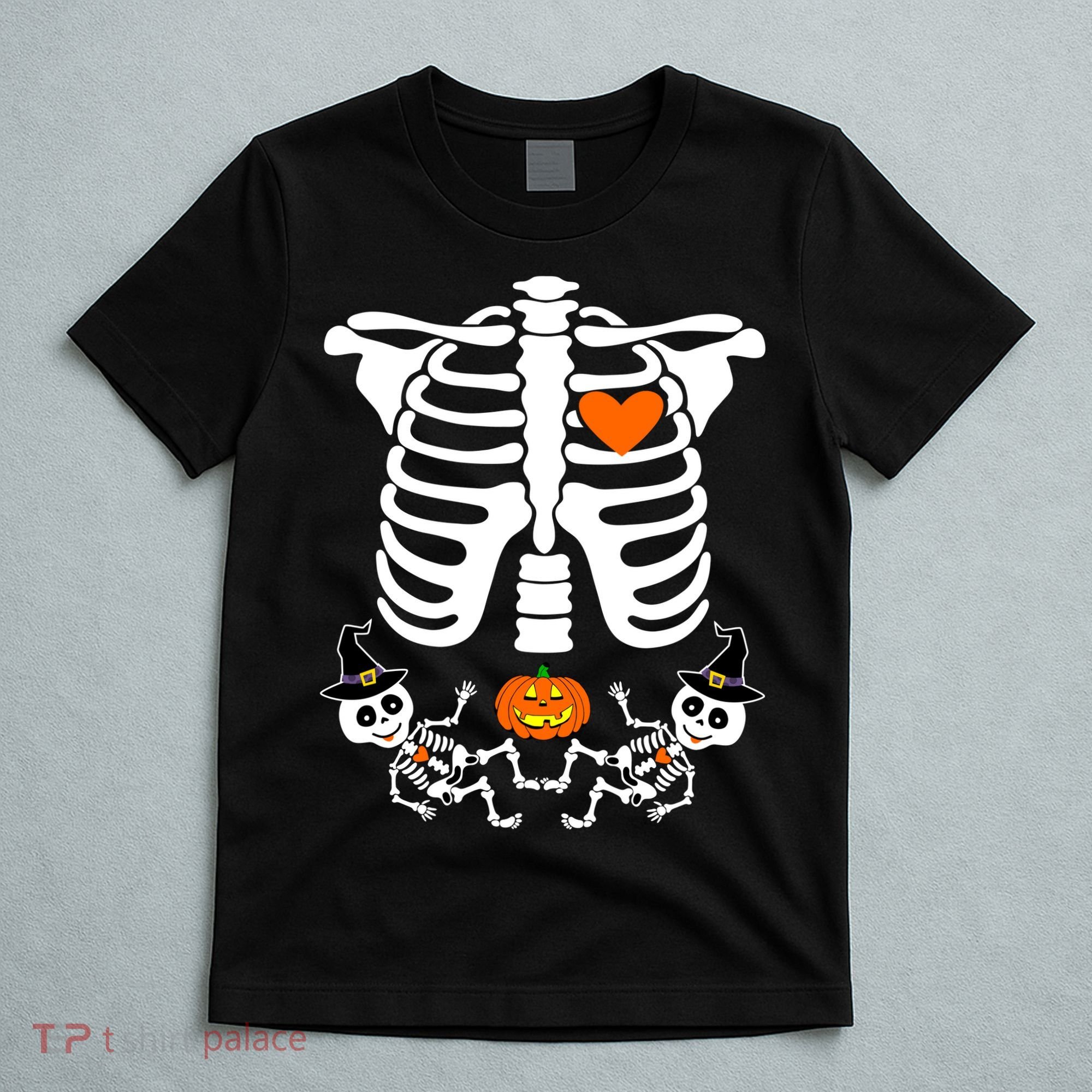 Pregnant Halloween Skeleton Baby Twins Witch Pumpkin Costume T-Shirt