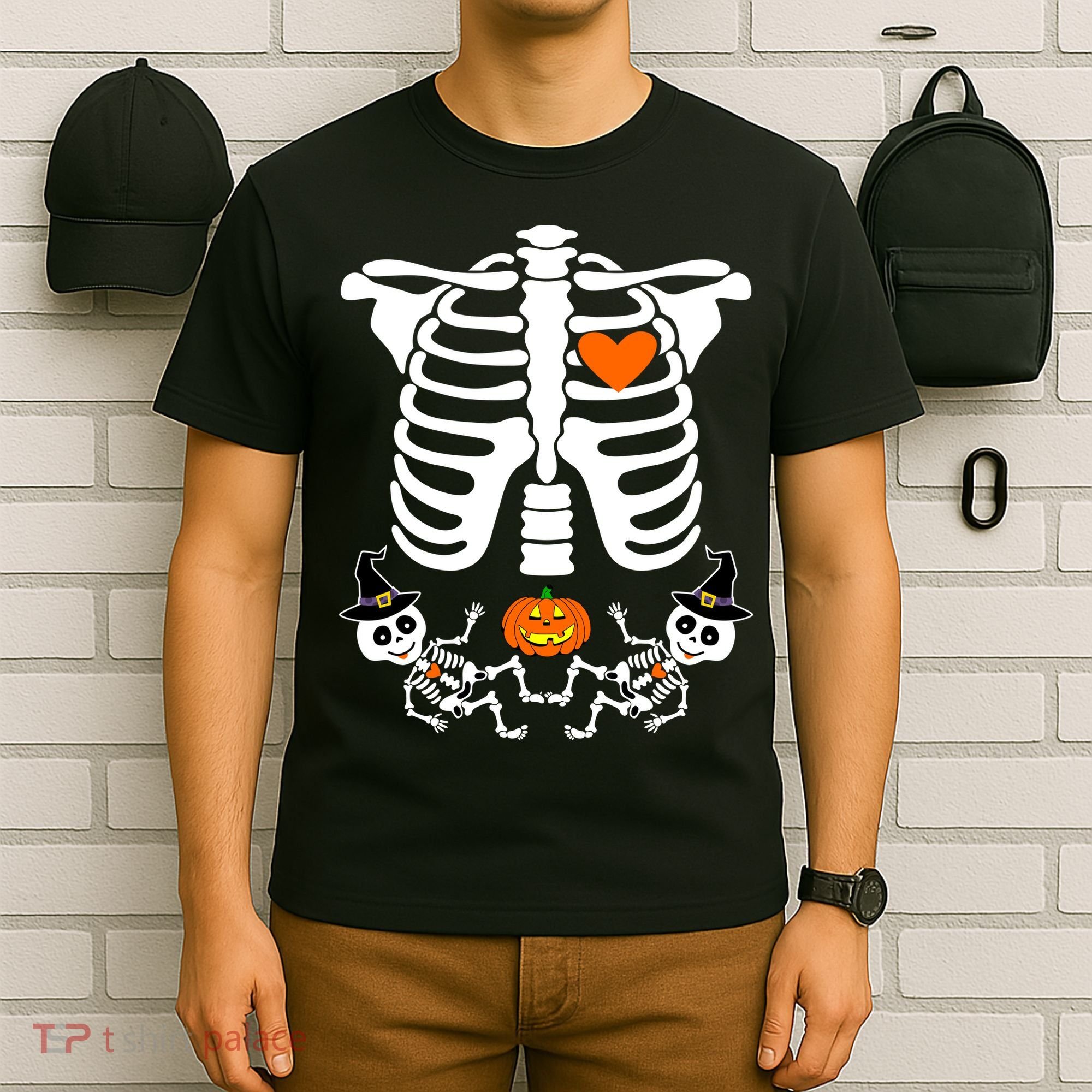 Pregnant Halloween Skeleton Baby Twins Witch Pumpkin Costume T-Shirt