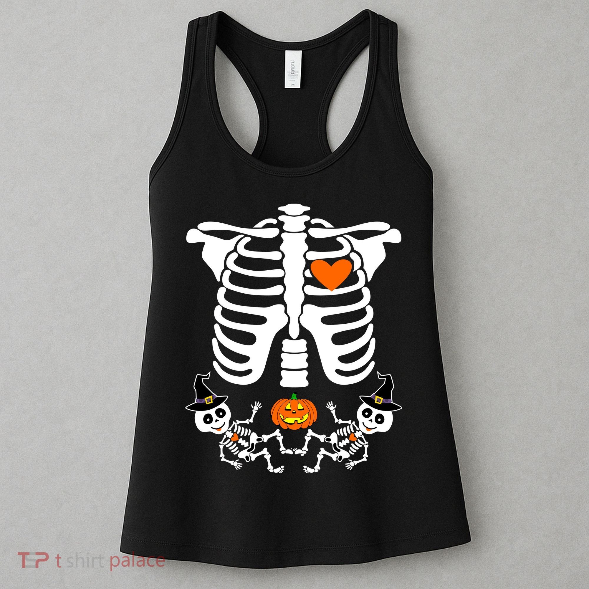Pregnant Halloween Skeleton Baby Twins Witch Pumpkin Costume Women's Tank Top