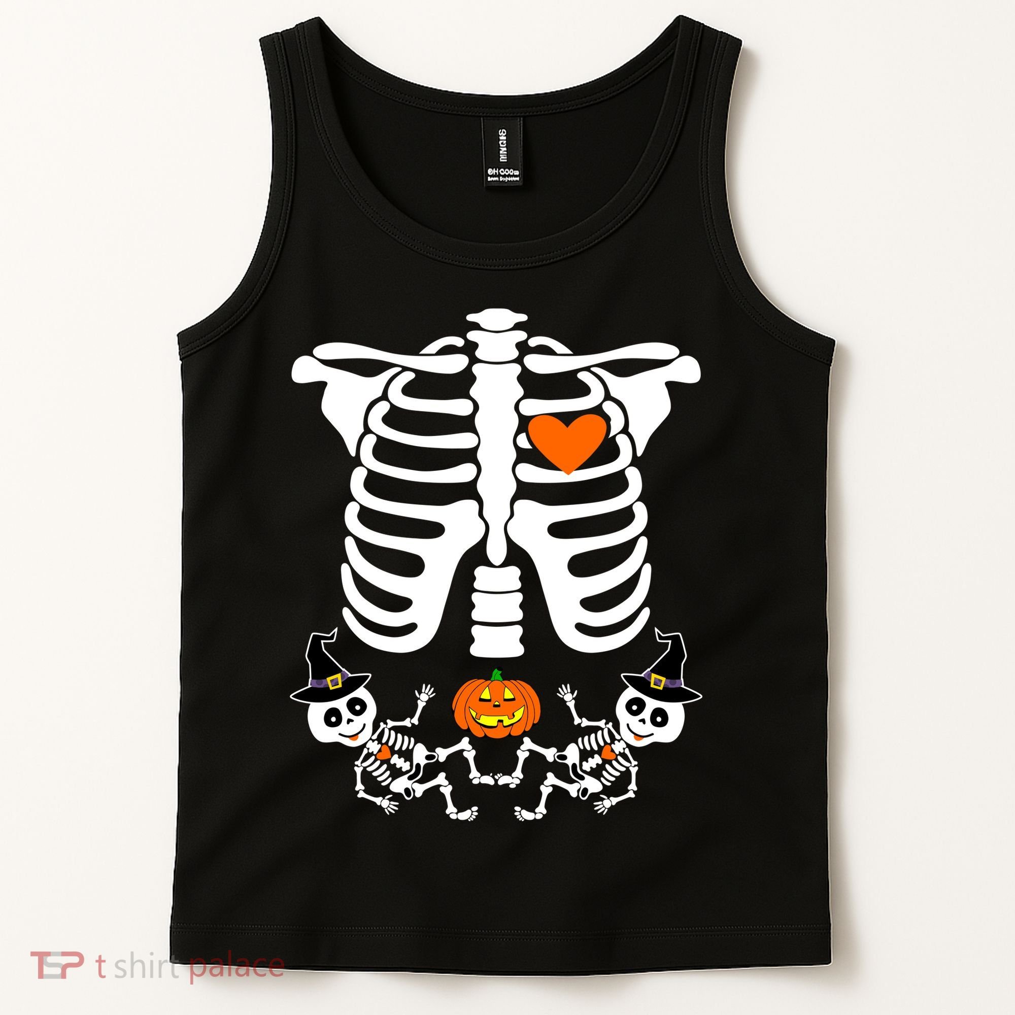 Pregnant Halloween Skeleton Baby Twins Witch Pumpkin Costume Tank Top