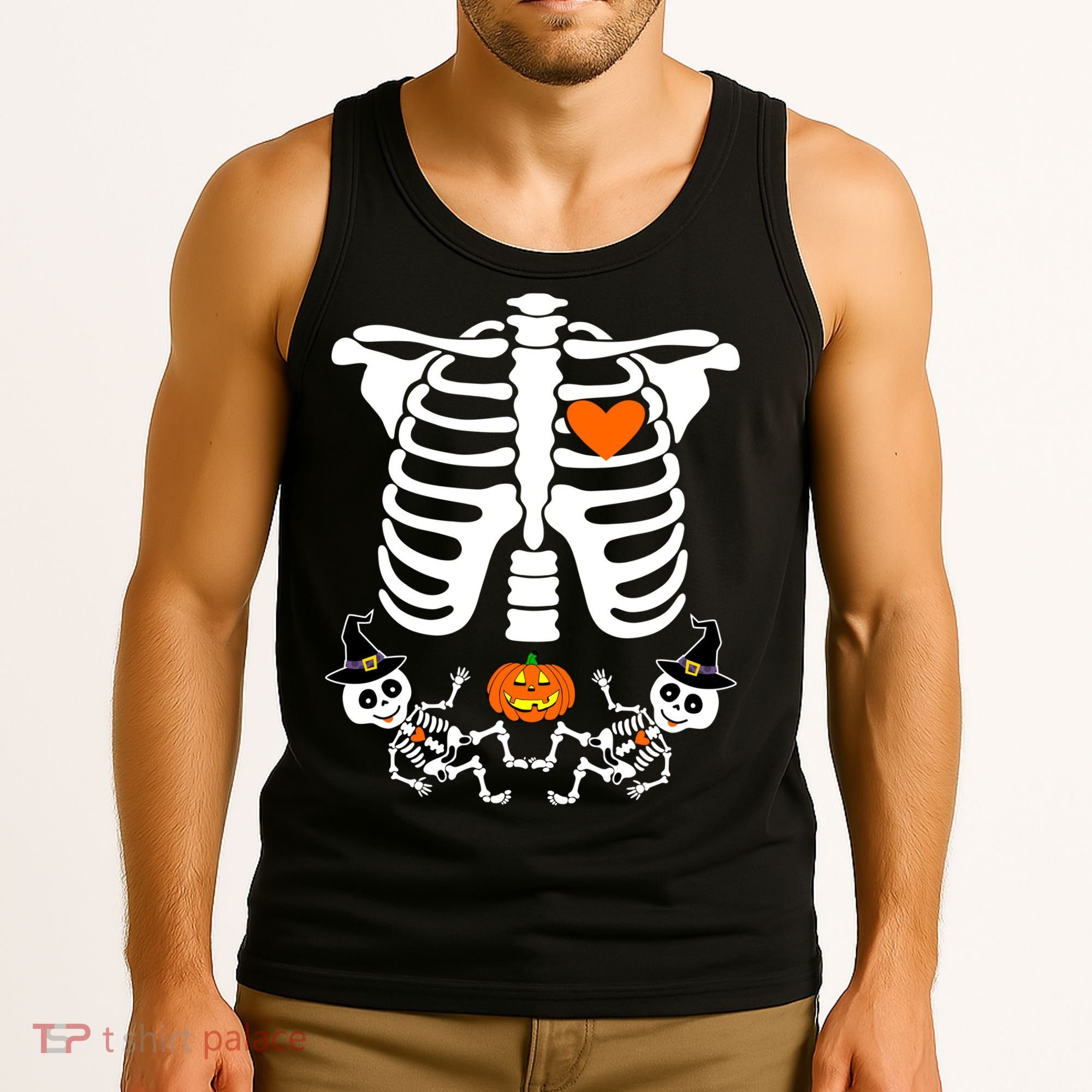 Pregnant Halloween Skeleton Baby Twins Witch Pumpkin Costume Tank Top
