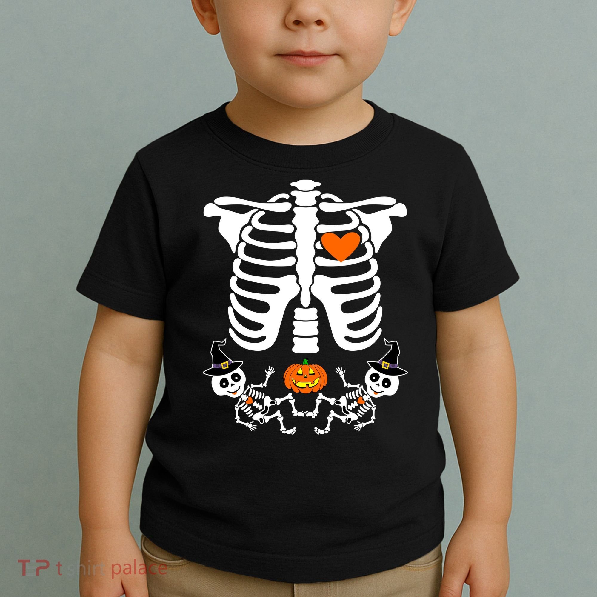 Pregnant Halloween Skeleton Baby Twins Witch Pumpkin Costume Toddler T-Shirt