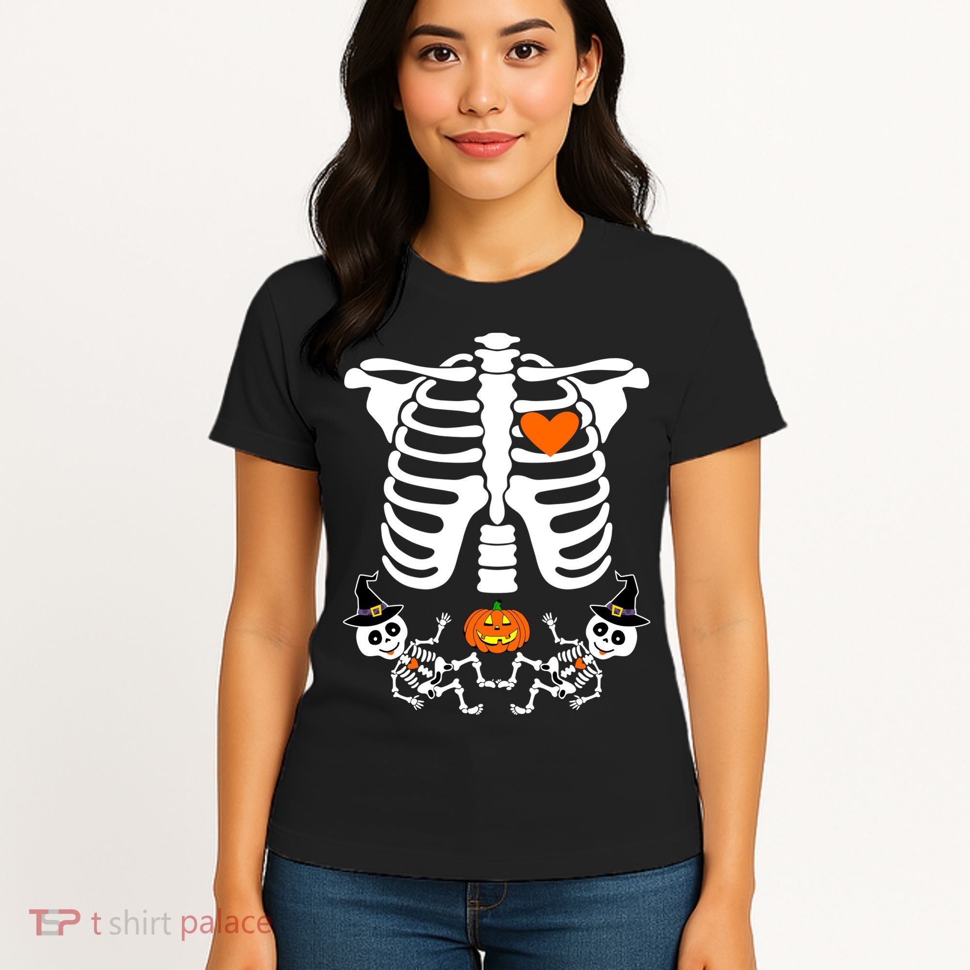 Pregnant Halloween Skeleton Baby Twins Witch Pumpkin Costume Women's T-Shirt