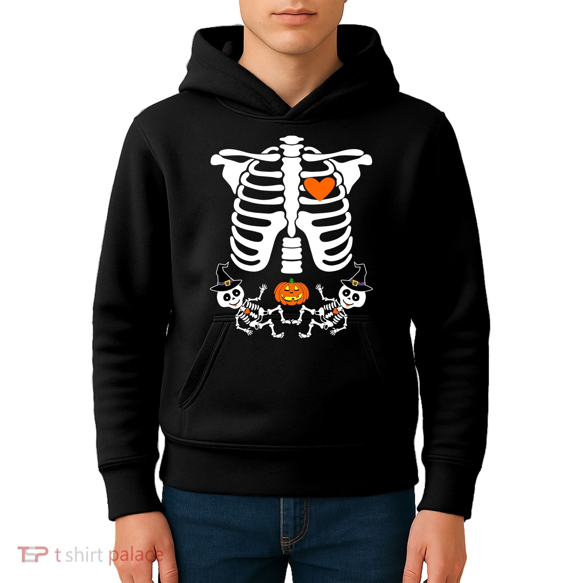 Pregnant Halloween Skeleton Baby Twins Witch Pumpkin Costume Kids Hoodie