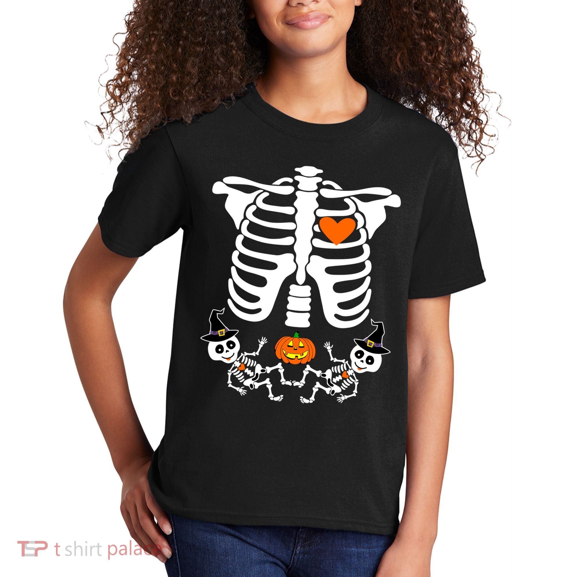Pregnant Halloween Skeleton Baby Twins Witch Pumpkin Costume Kids T-Shirt