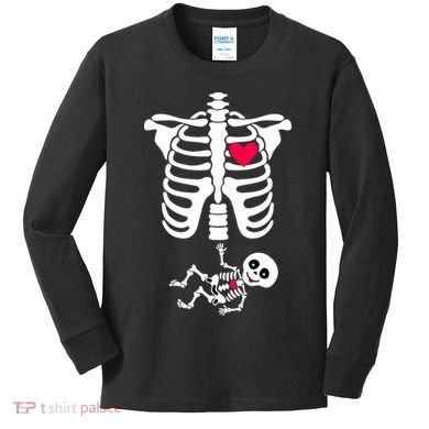 Pregnant Skeleton Ribcage with Baby Costume Kids Long Sleeve Shirt