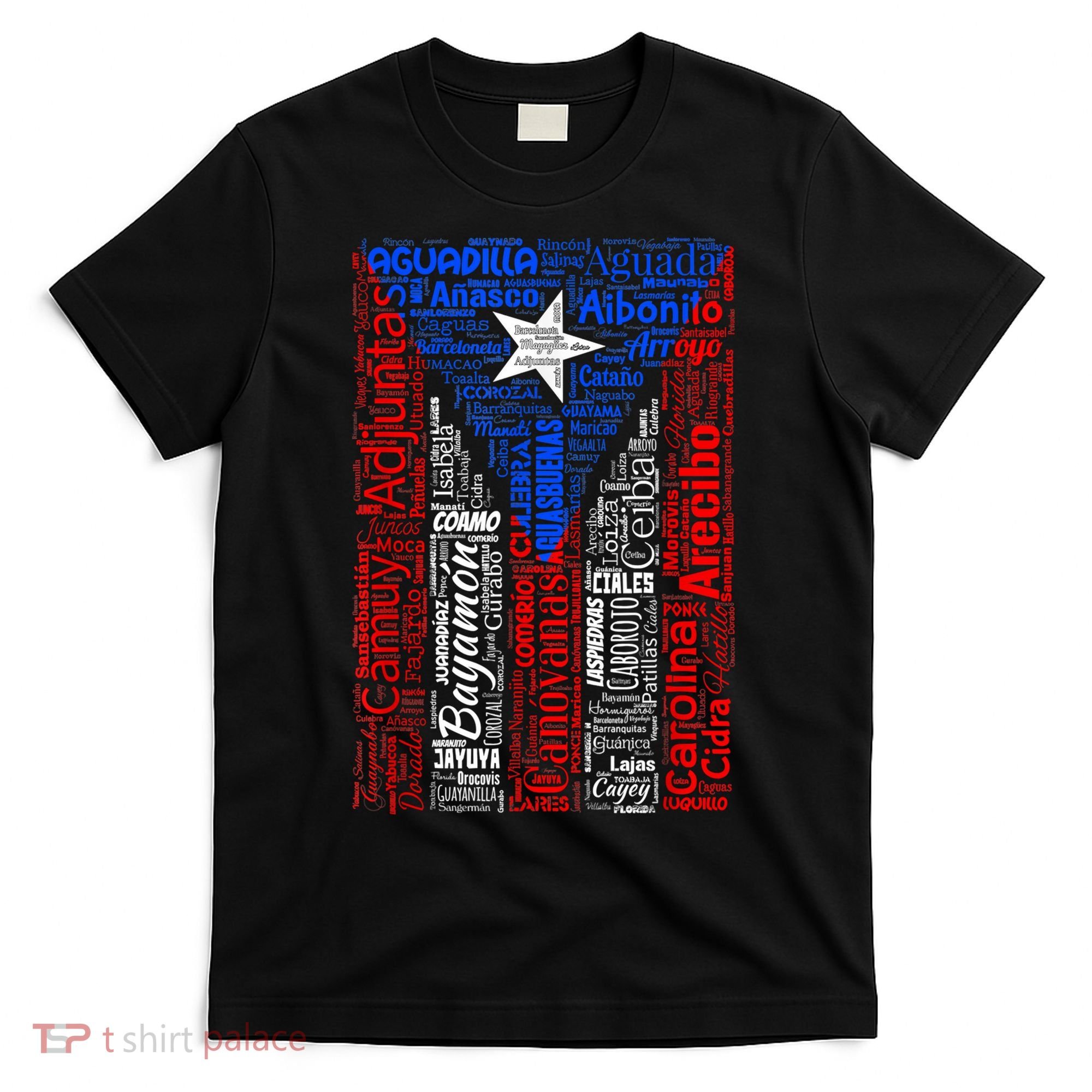 Puerto Rican Flag With Towns And Cities Of Puerto Rico T-Shirt