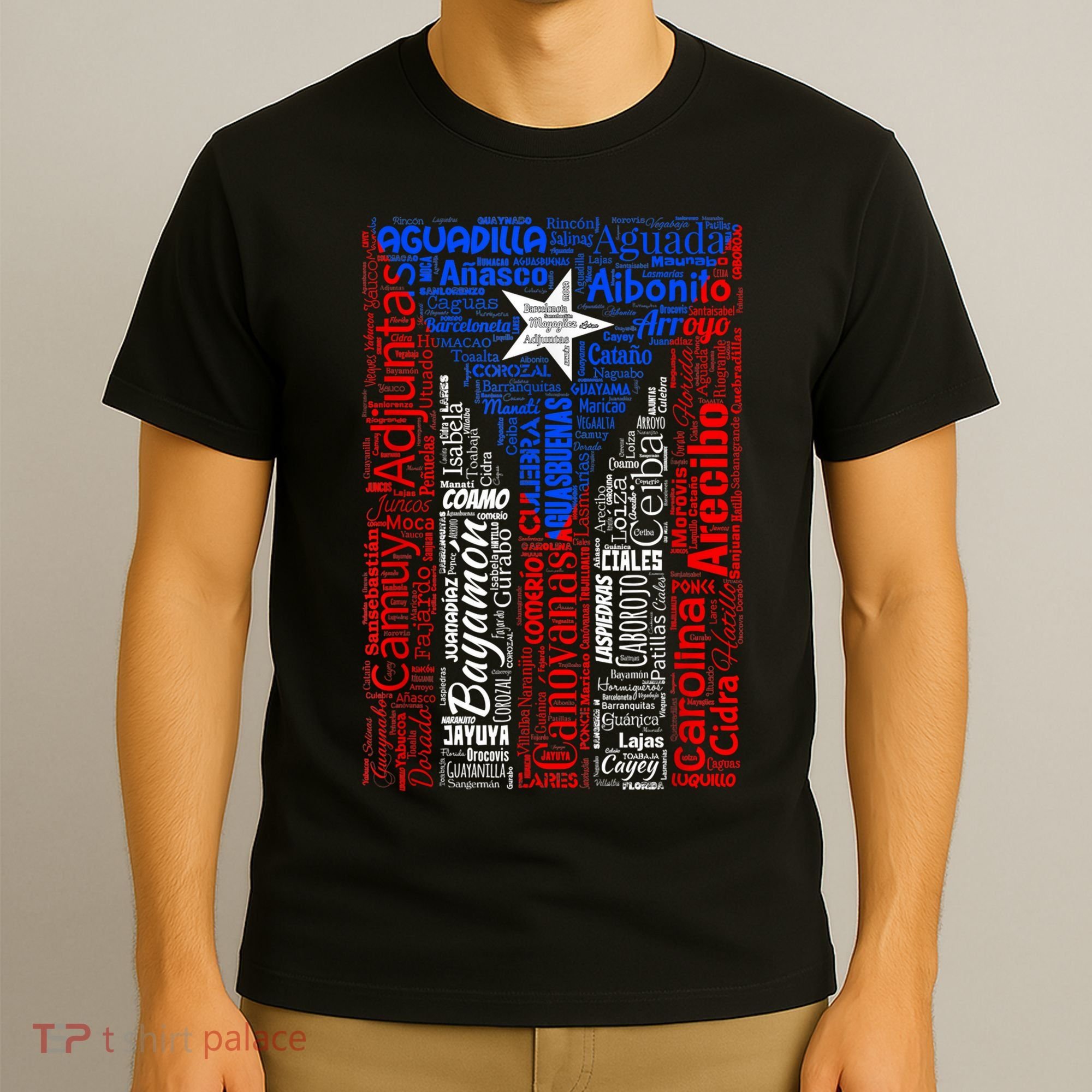 Puerto Rican Flag With Towns And Cities Of Puerto Rico T-Shirt