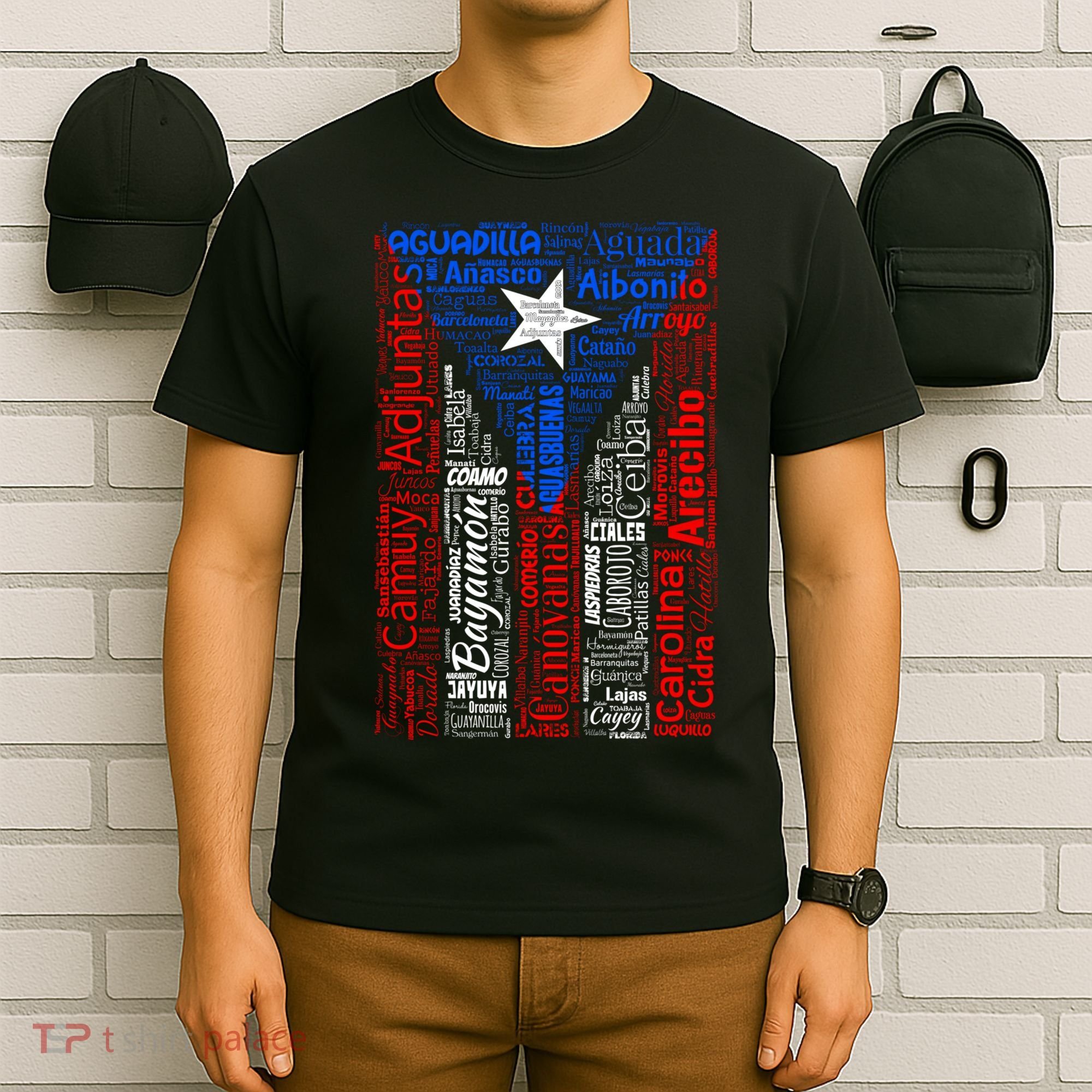 Puerto Rican Flag With Towns And Cities Of Puerto Rico T-Shirt