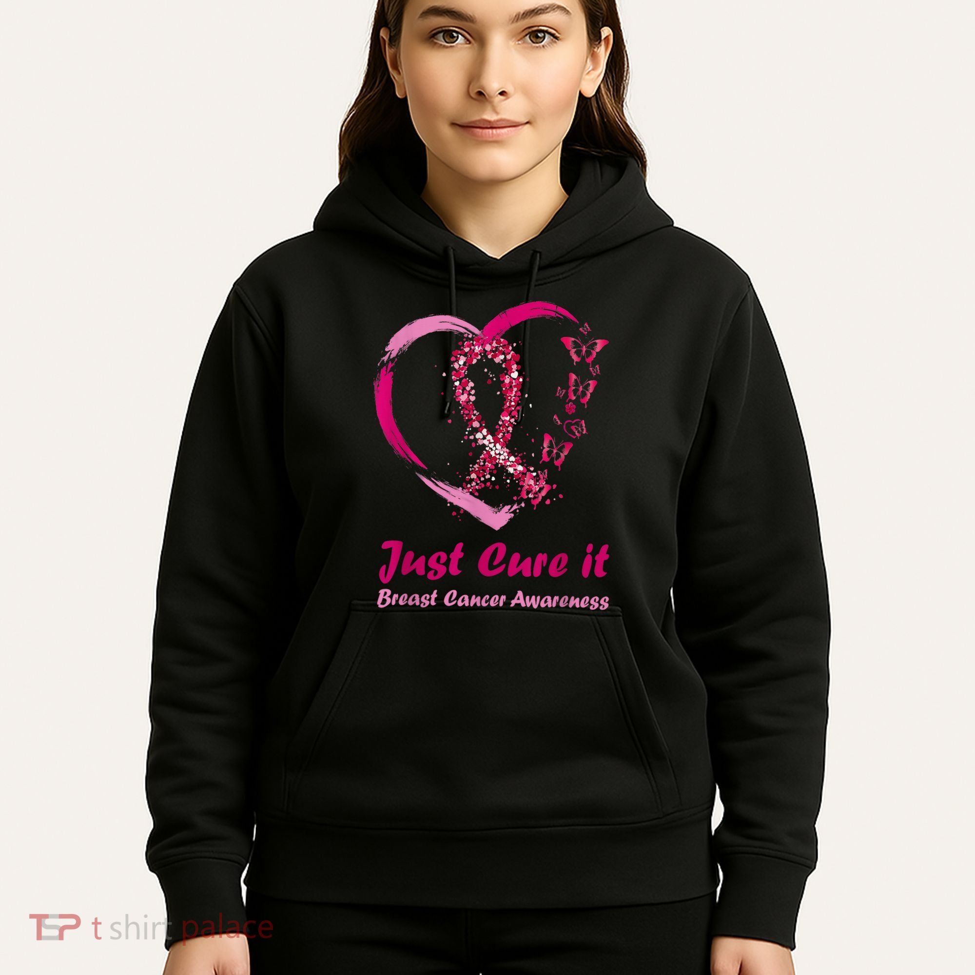 Pink Ribbon Just Cure It Heart Support Breast Cancer Warrior Hoodie