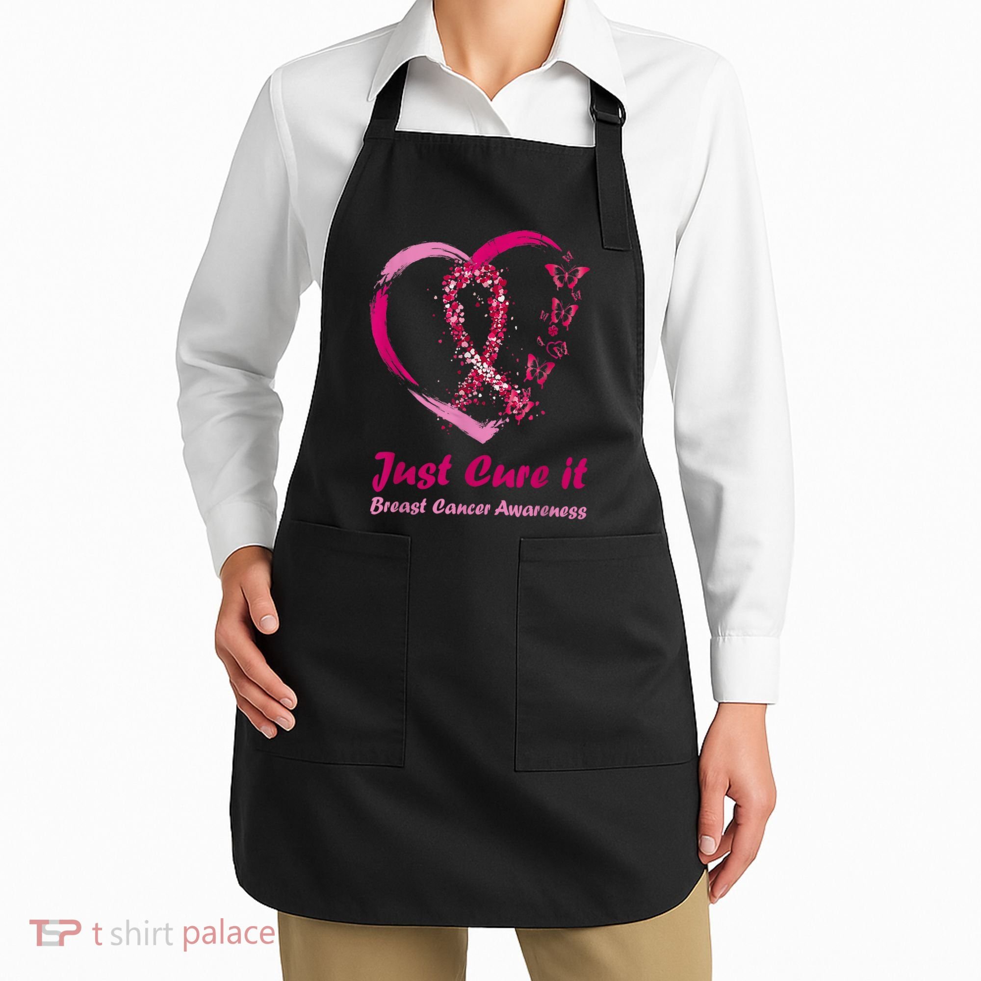 Pink Ribbon Just Cure It Heart Support Breast Cancer Warrior Apron