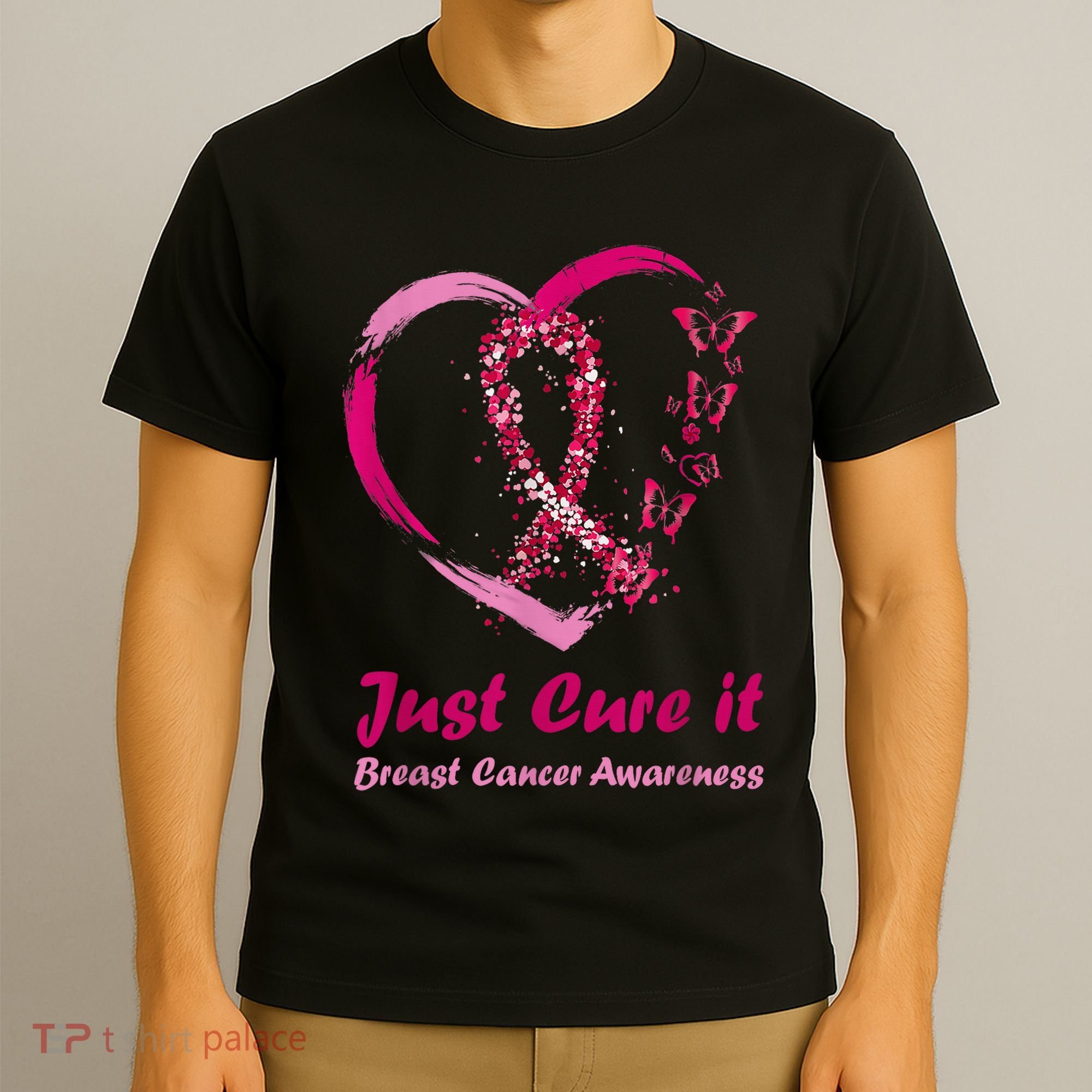 Pink Ribbon Just Cure It Heart Support Breast Cancer Warrior T-Shirt