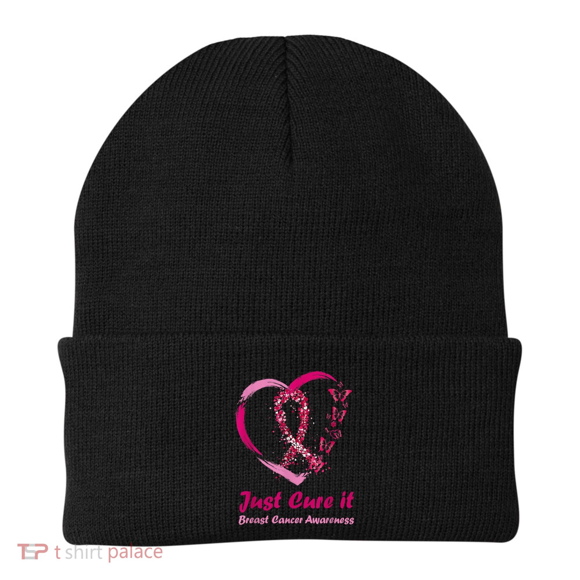 Pink Ribbon Just Cure It Heart Support Breast Cancer Warrior Beanie