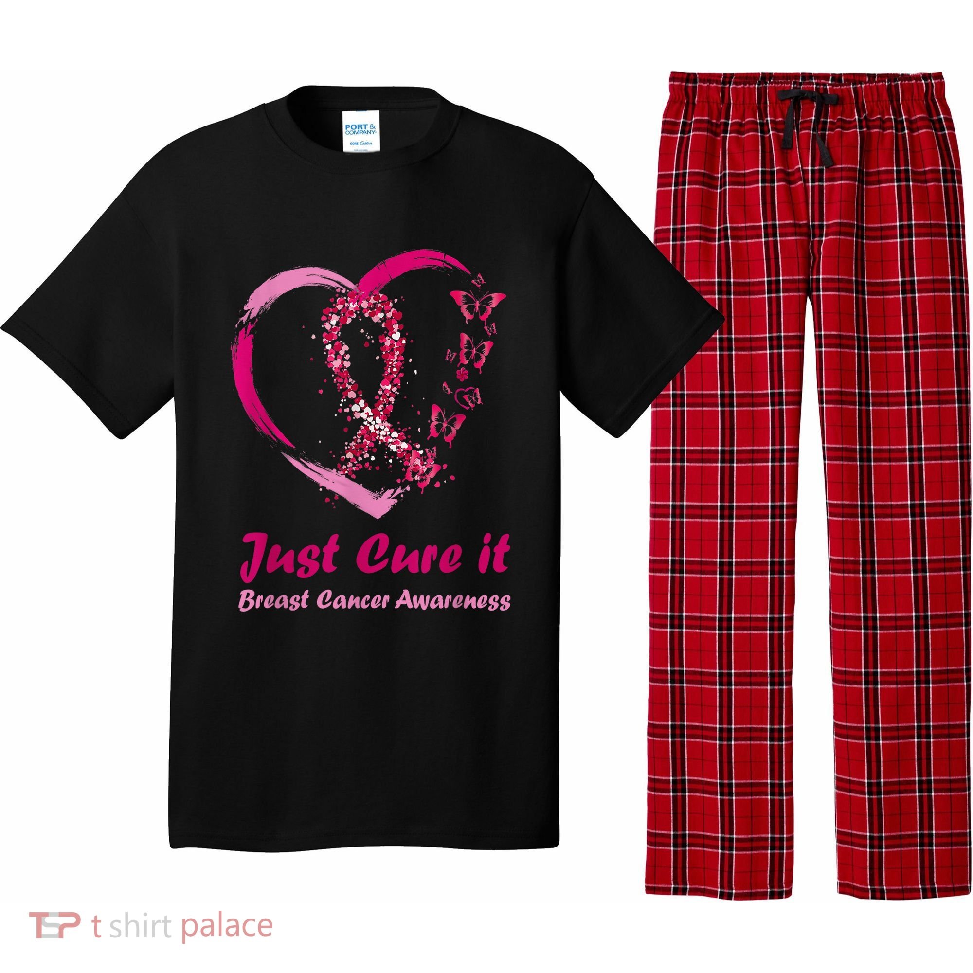 Pink Ribbon Just Cure It Heart Support Breast Cancer Warrior Pajama Set