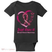 Pink Ribbon Just Cure It Heart Support Breast Cancer Warrior Baby Bodysuit thumb 0