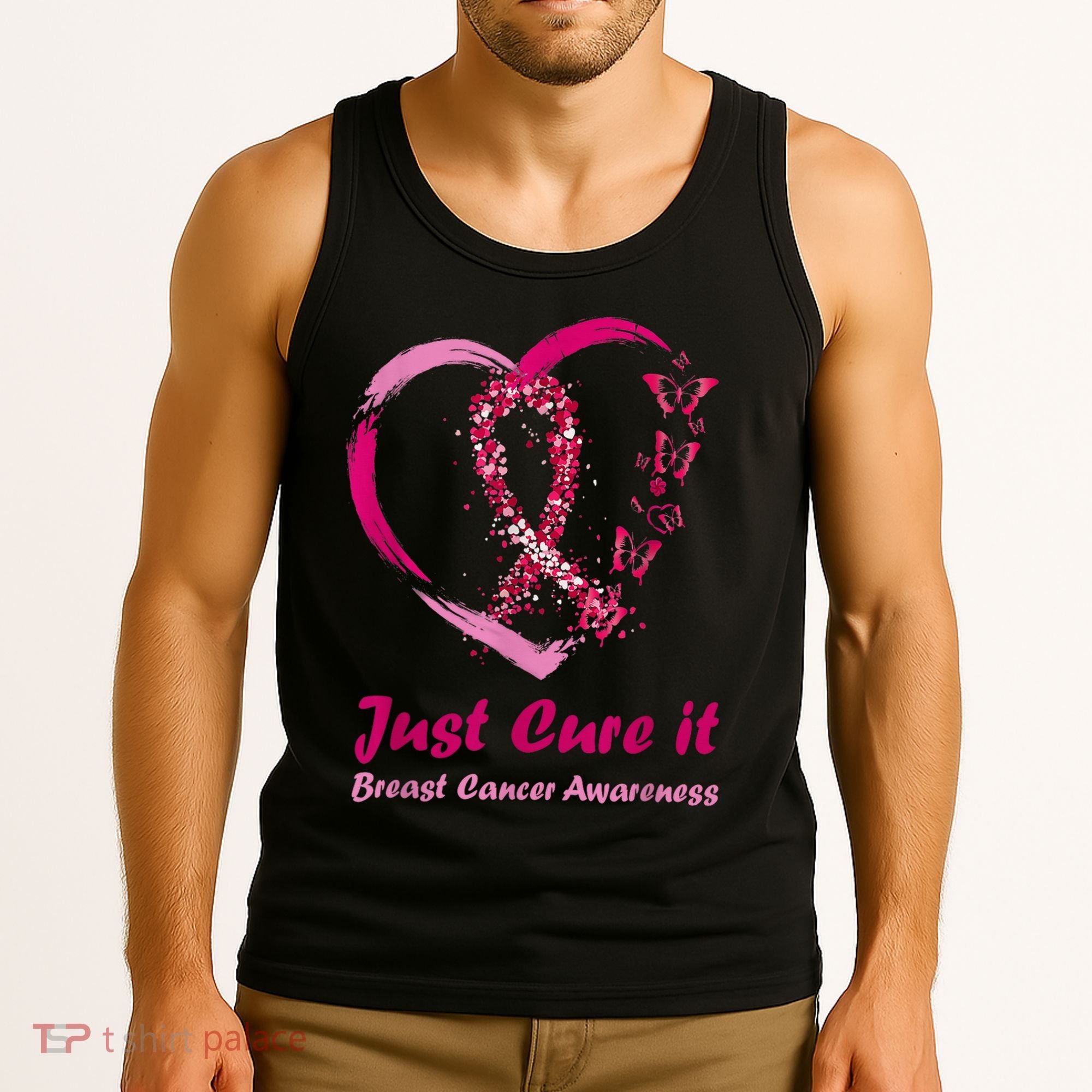 Pink Ribbon Just Cure It Heart Support Breast Cancer Warrior Tank Top