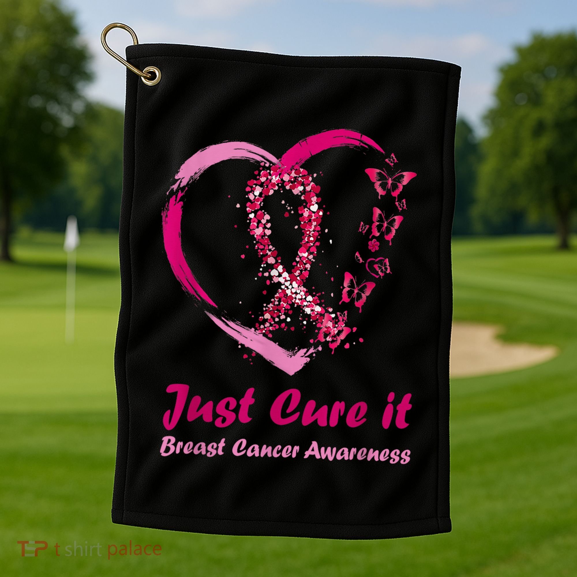 Pink Ribbon Just Cure It Heart Support Breast Cancer Warrior Golf Towel