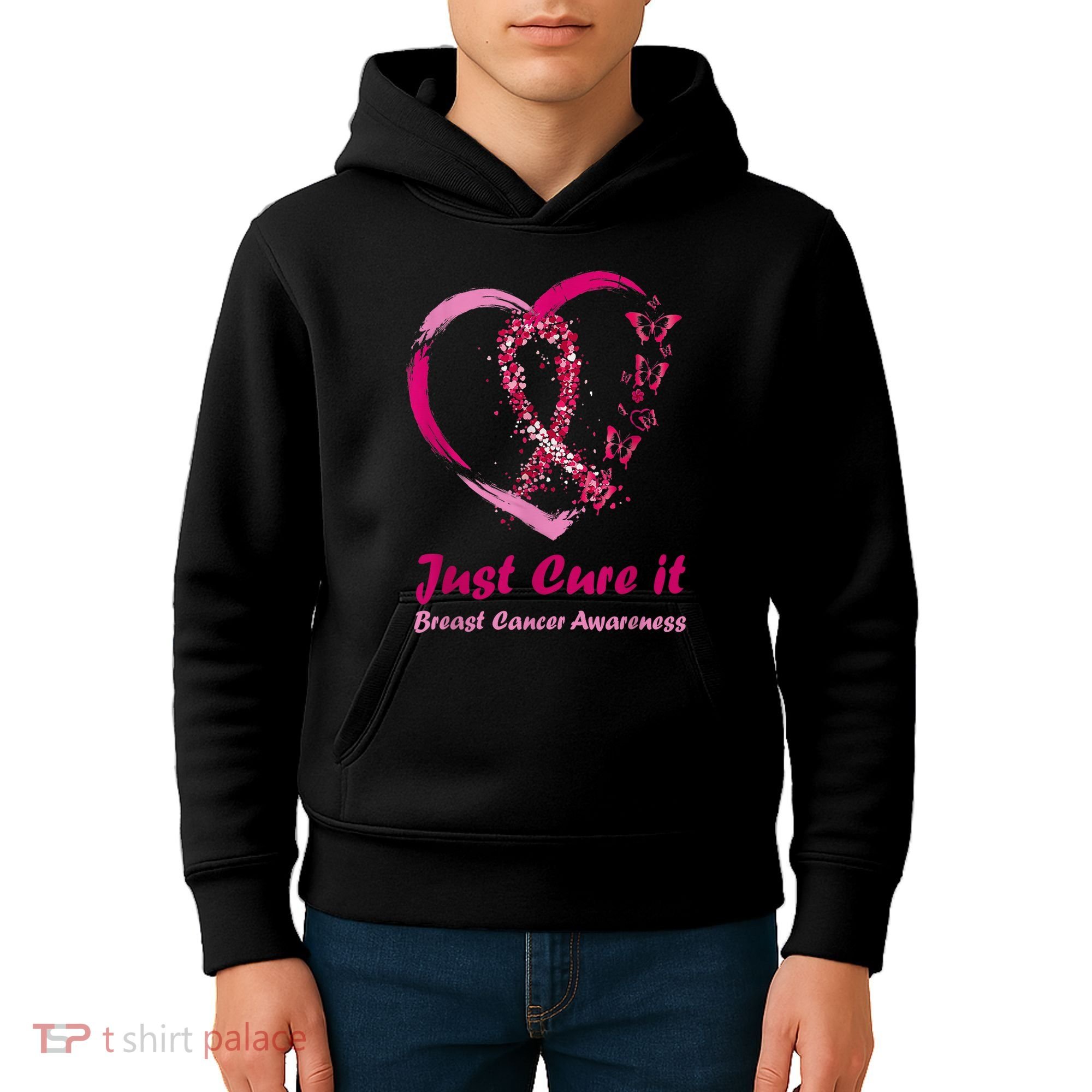 Pink Ribbon Just Cure It Heart Support Breast Cancer Warrior Kids Hoodie