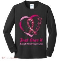 Pink Ribbon Just Cure It Heart Support Breast Cancer Warrior Kids Long Sleeve Shirt thumb 0
