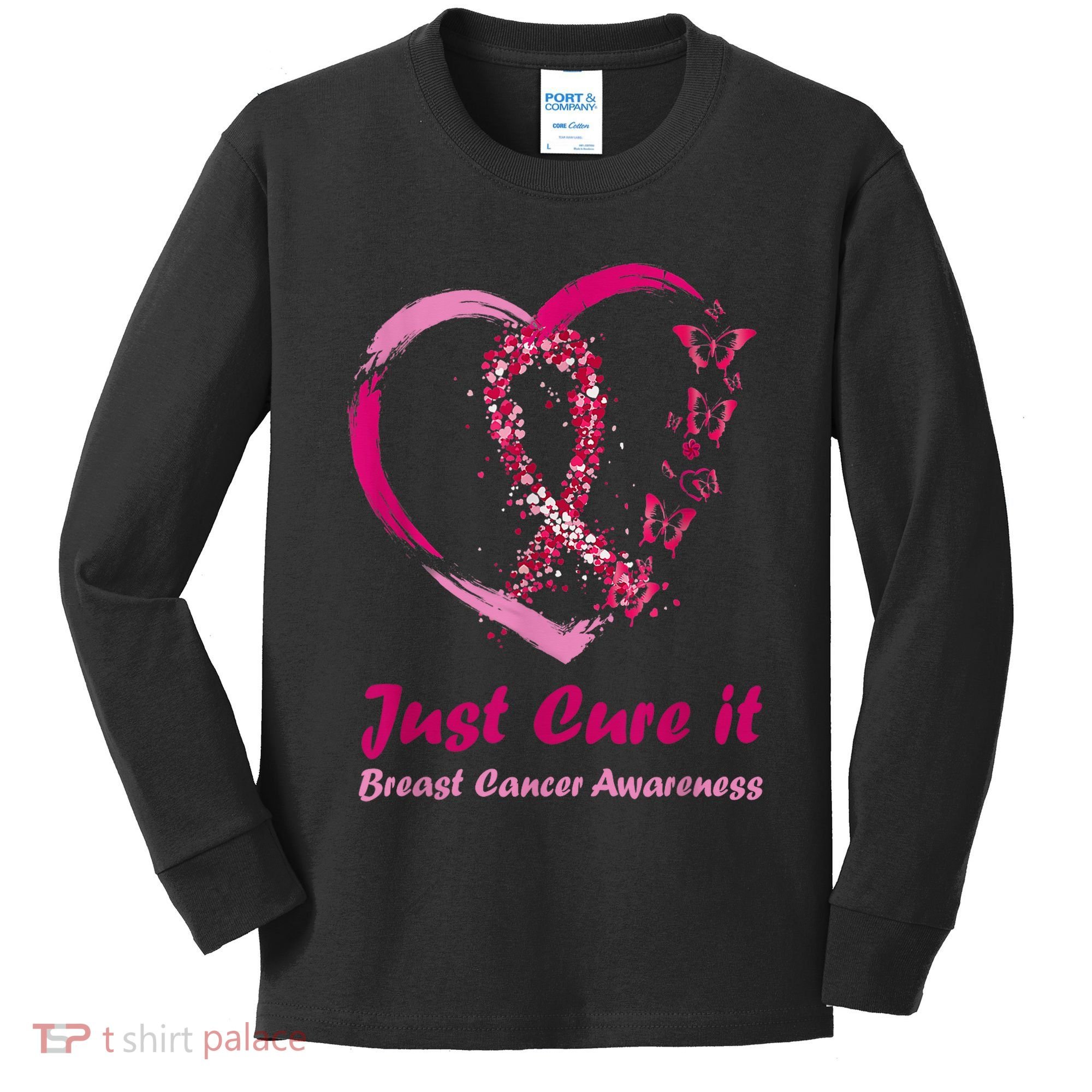 Pink Ribbon Just Cure It Heart Support Breast Cancer Warrior Kids Long Sleeve Shirt