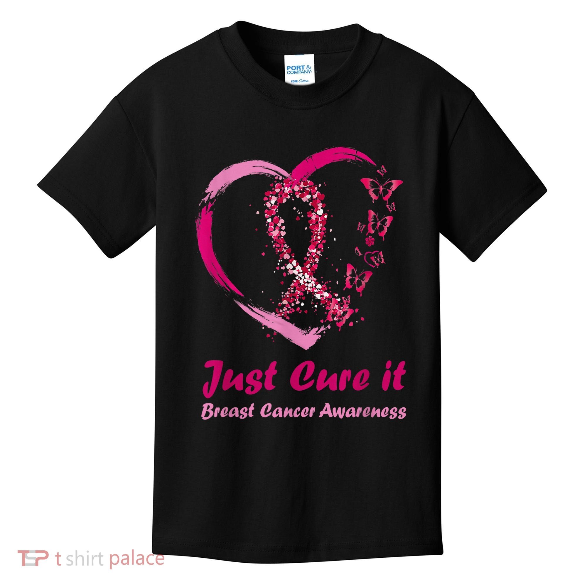 Pink Ribbon Just Cure It Heart Support Breast Cancer Warrior Kids T-Shirt