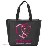 Pink Ribbon Just Cure It Heart Support Breast Cancer Warrior Tote Bag thumb 0