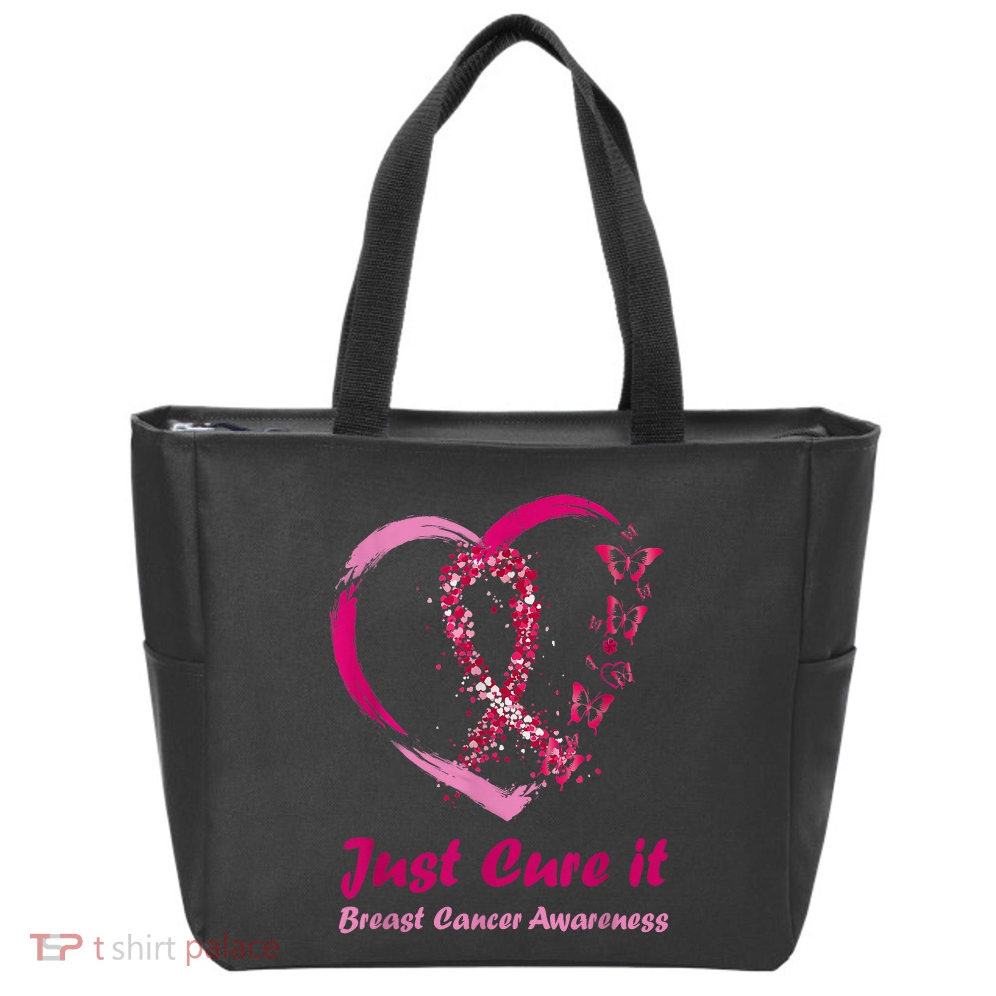 Pink Ribbon Just Cure It Heart Support Breast Cancer Warrior Tote Bag