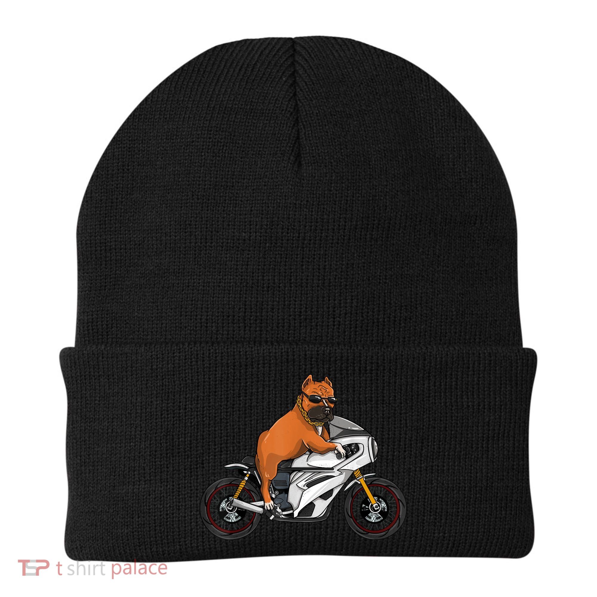 Pitbull Riding Motorcycle Funny Pit Bull Biker Pittie Dog Beanie