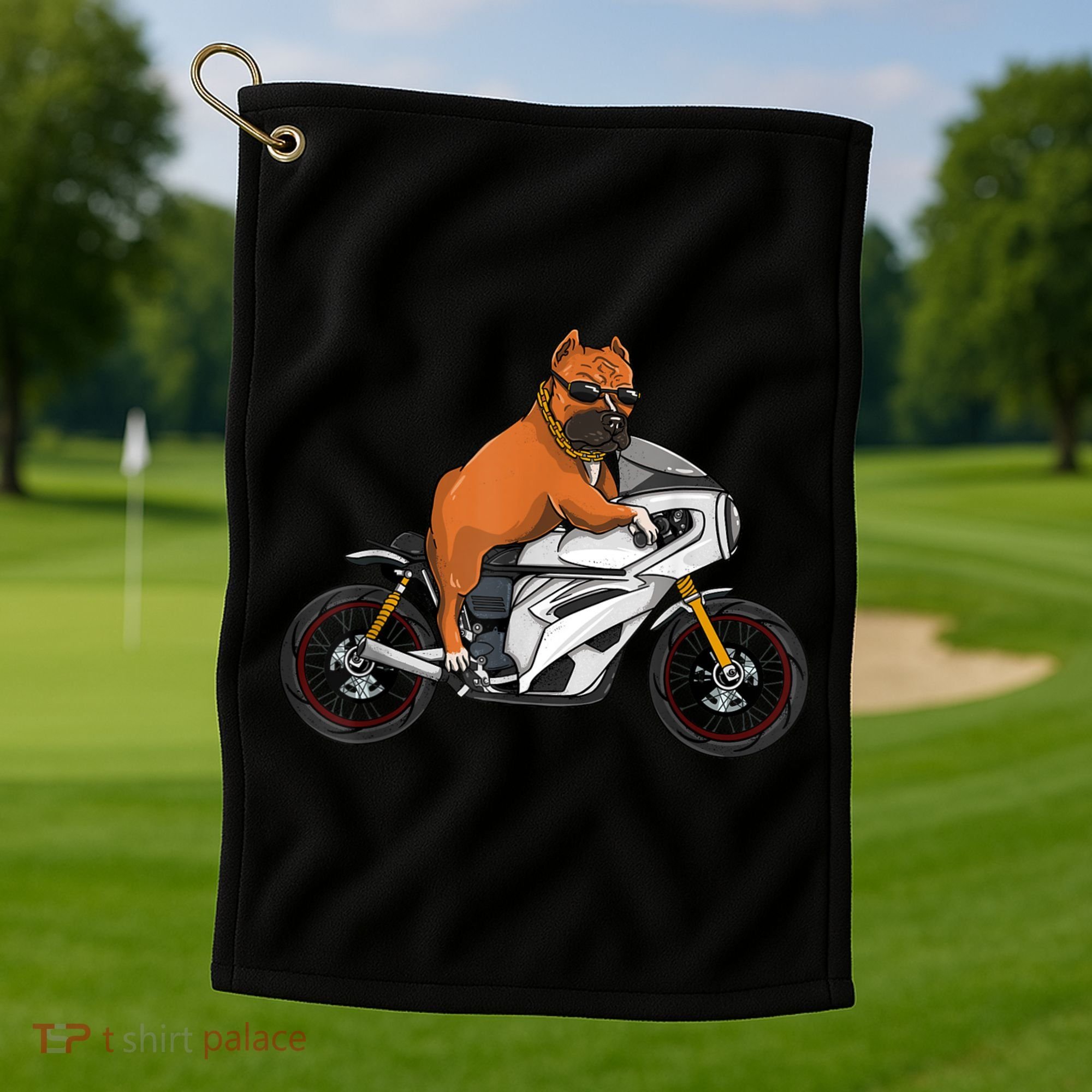 Pitbull Riding Motorcycle Funny Pit Bull Biker Pittie Dog Golf Towel