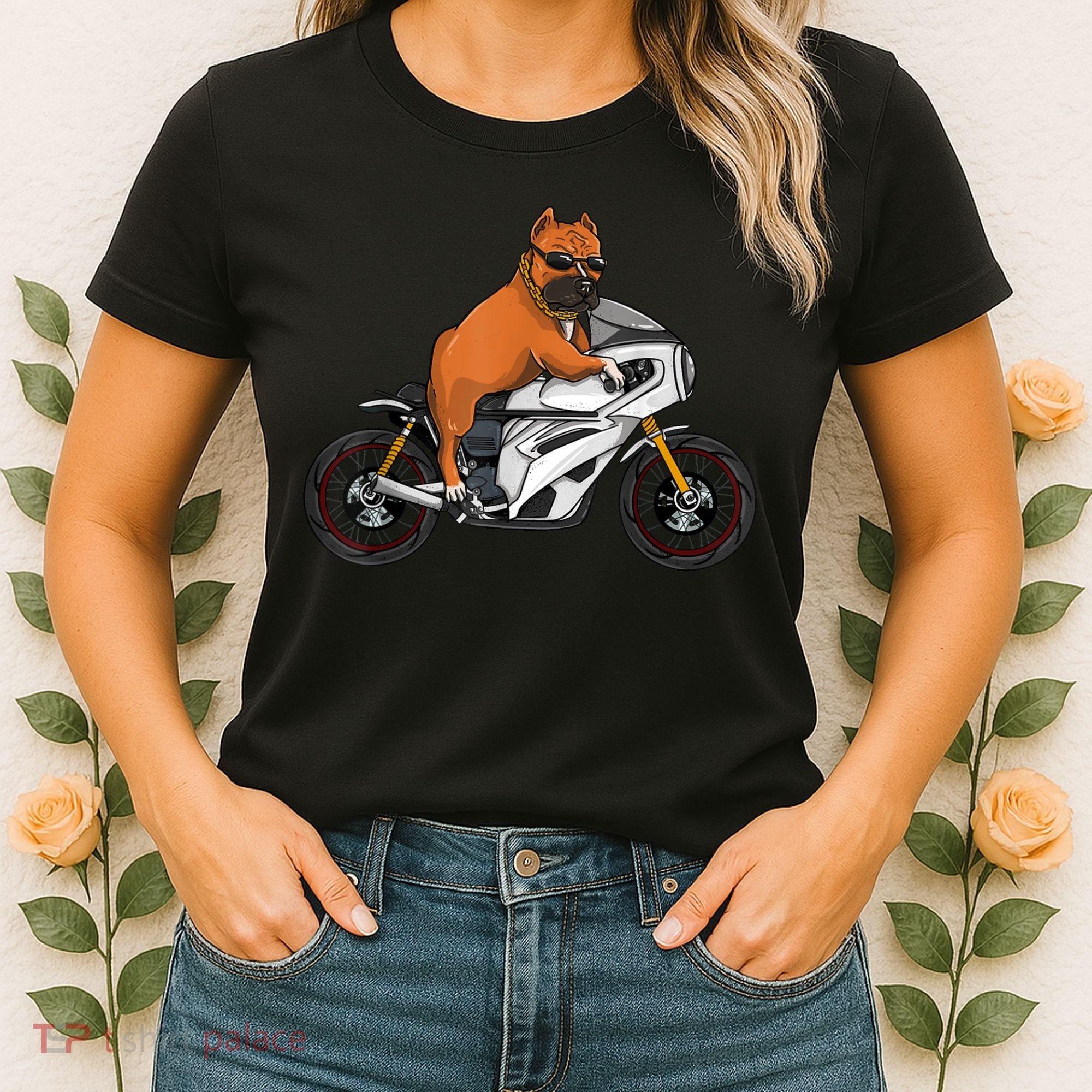 Pitbull Riding Motorcycle Funny Pit Bull Biker Pittie Dog Women's T-Shirt