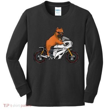 Pitbull Riding Motorcycle Funny Pit Bull Biker Pittie Dog Kids Long Sleeve Shirt