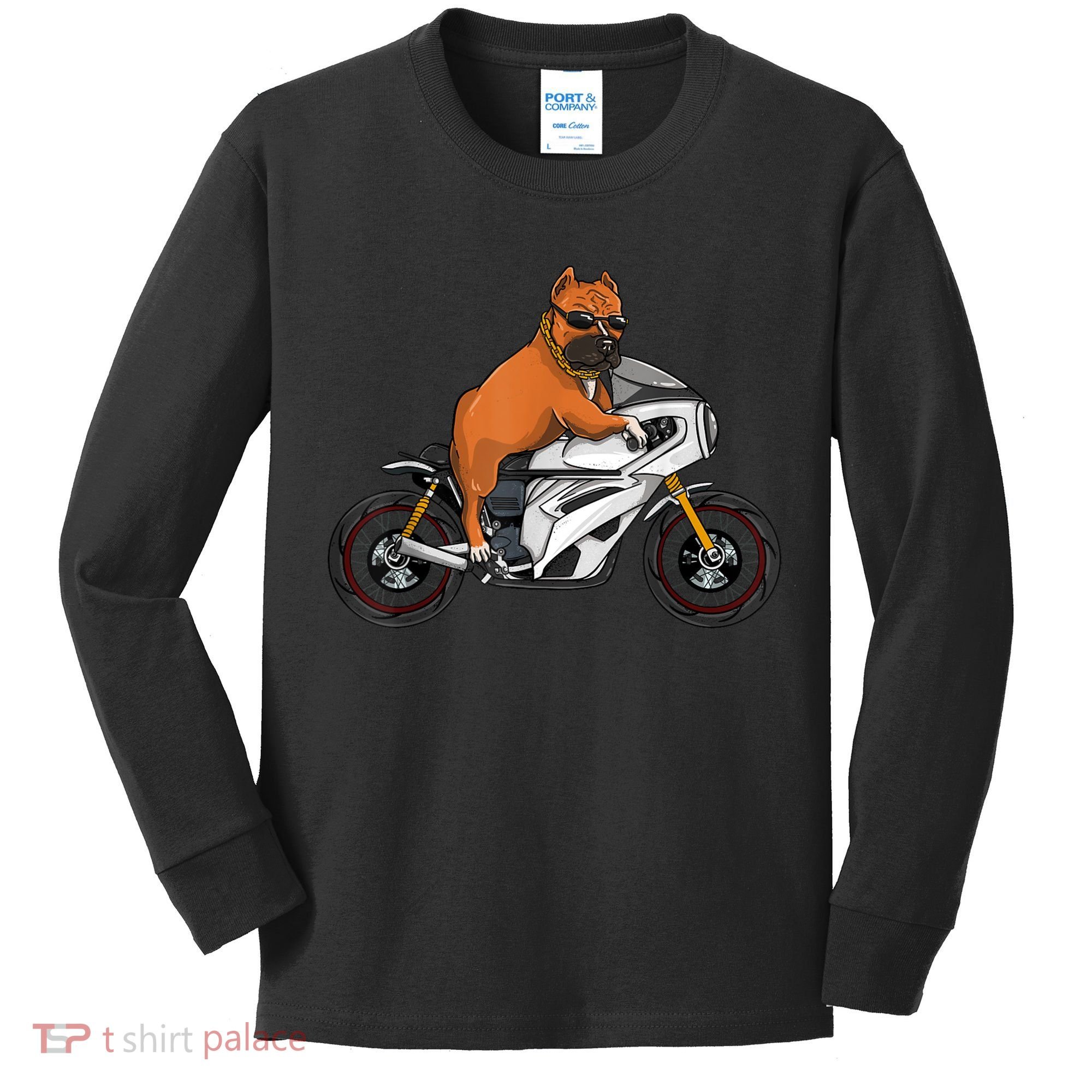 Pitbull Riding Motorcycle Funny Pit Bull Biker Pittie Dog Kids Long Sleeve Shirt