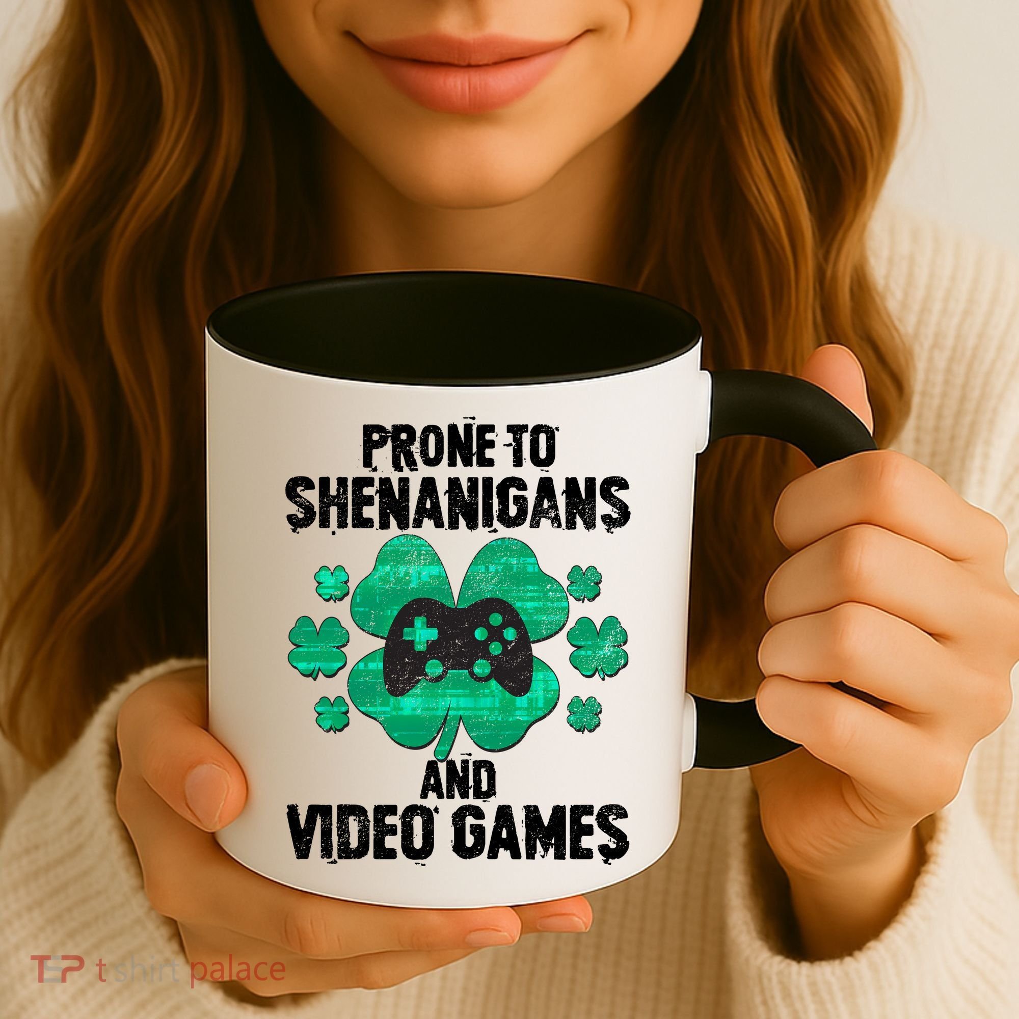 Prone To Shenanigans Video Games Shamrock Gamer Coffee Mug