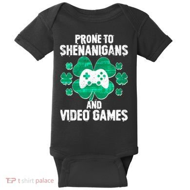 Prone To Shenanigans Video Games Shamrock Gamer Baby Bodysuit