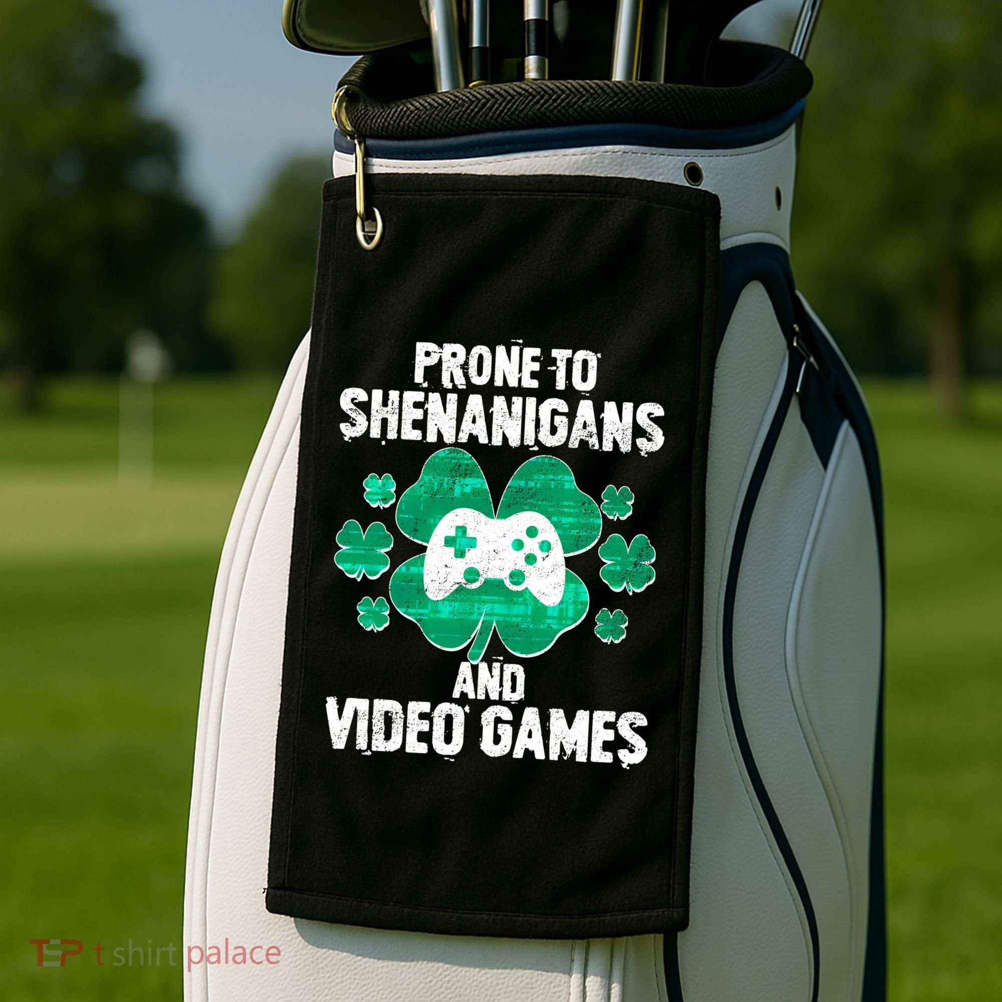 Prone To Shenanigans Video Games Shamrock Gamer Golf Towel
