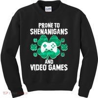 Prone To Shenanigans Video Games Shamrock Gamer Kids Sweatshirt thumb 0