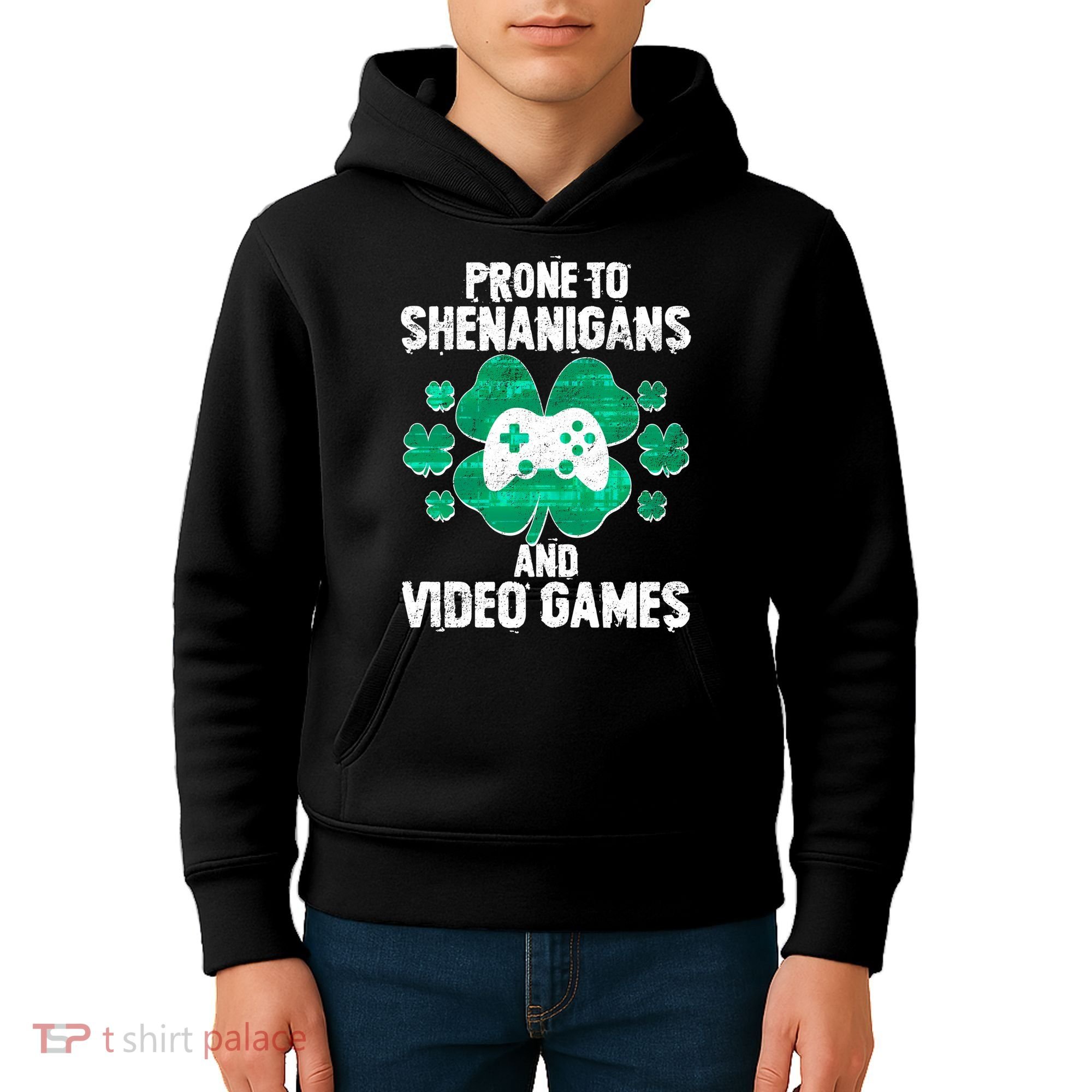 Prone To Shenanigans Video Games Shamrock Gamer Kids Hoodie